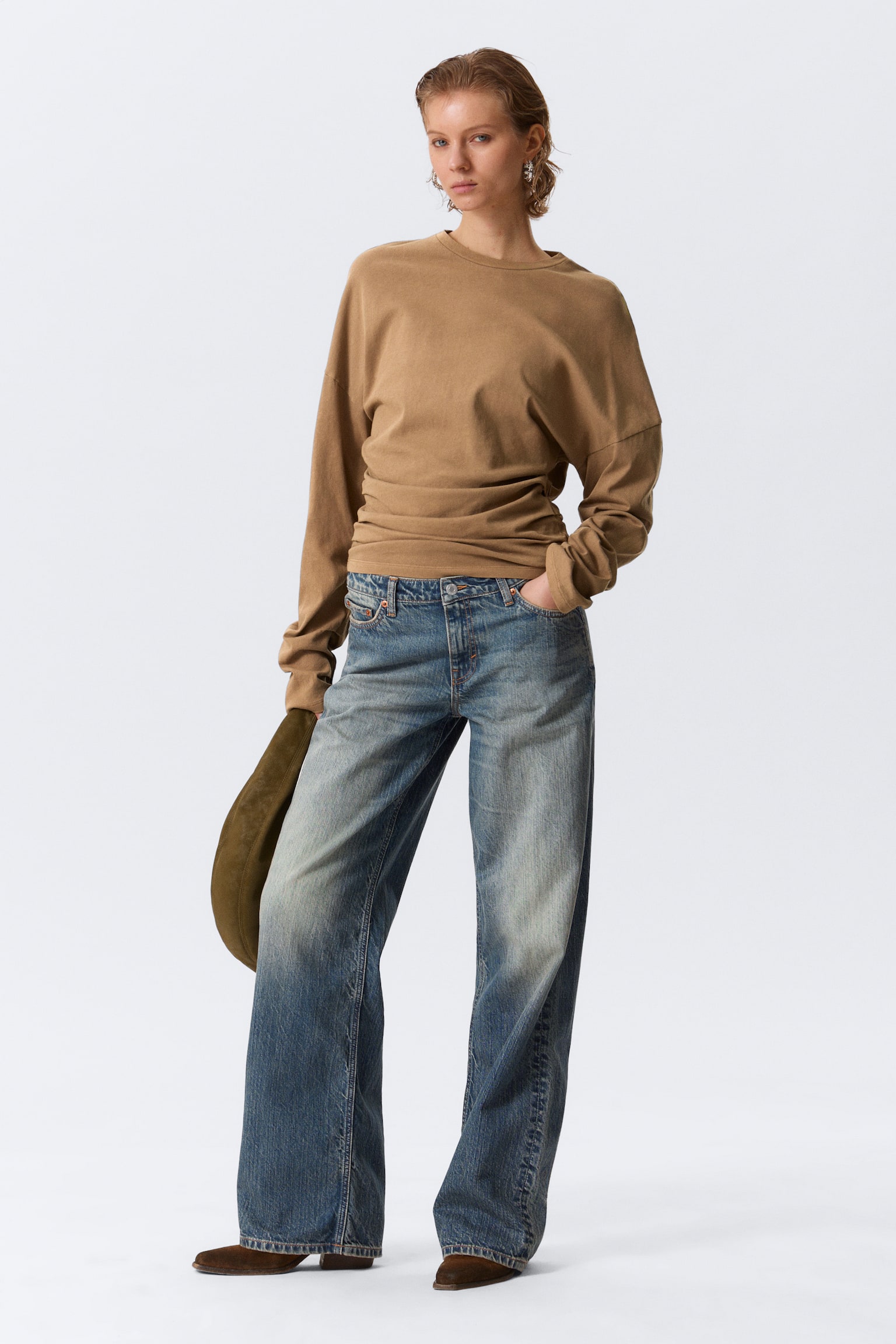 Geplooide top met lange mouwen - Donkerbeige - 7