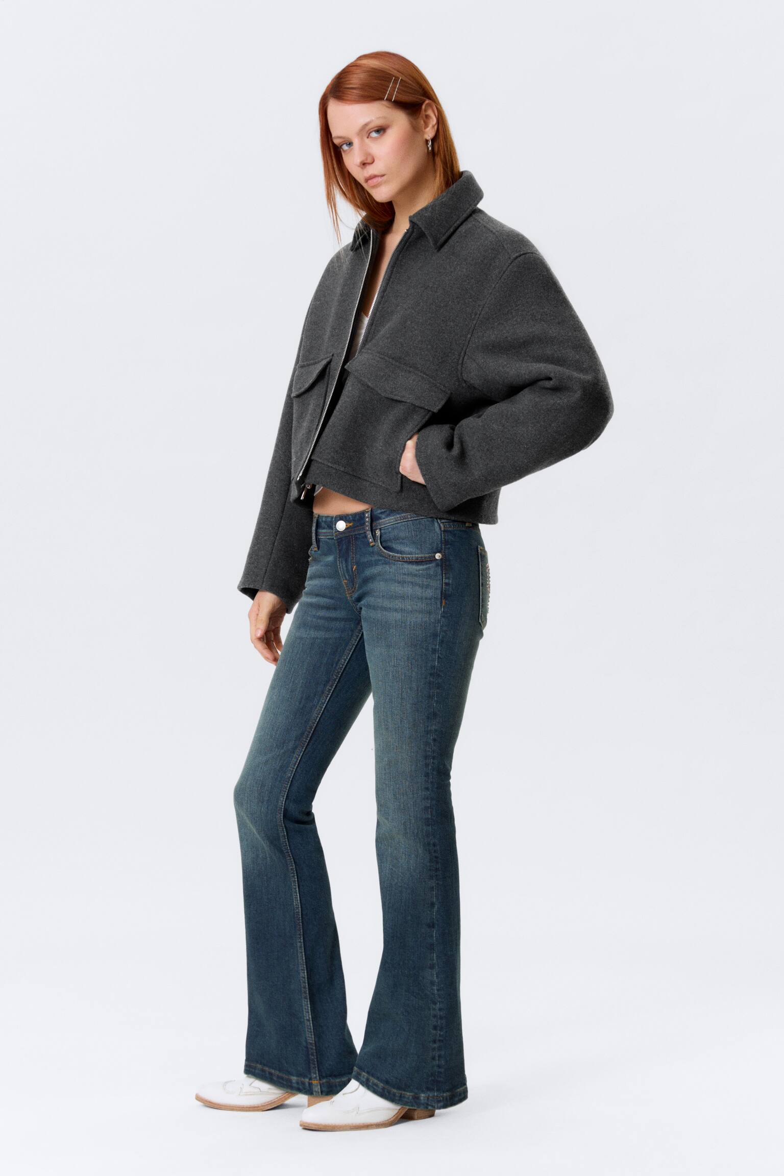 Kurze, kastige Zip-Jacke - Dunkelgrau meliert/Mattes Braun/Dunkelbraun/Kariert - 3