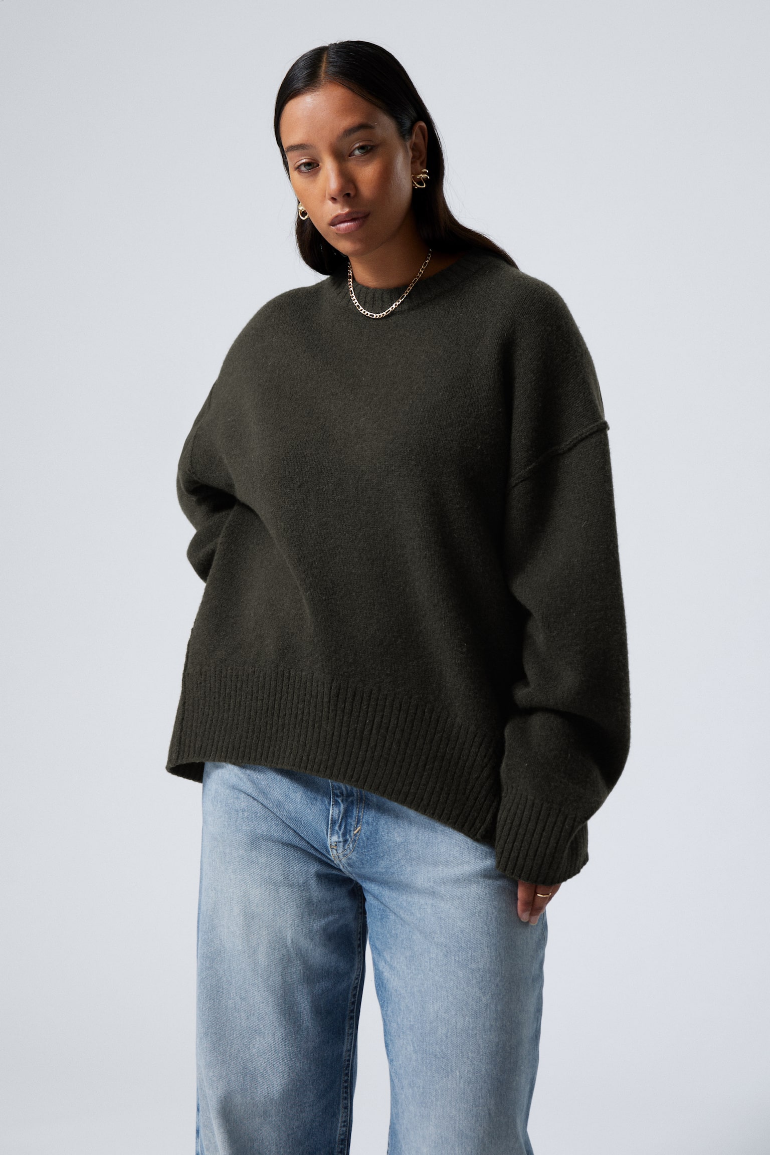 Loose Knitted Wool Sweater - Dark Green Melange/Grey Melange - 1