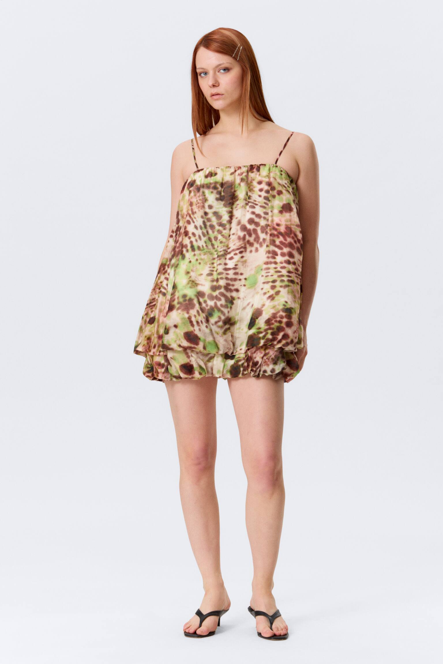 Mouwloze mini-ballonjurk - Bruine en groene stippen met bloemen/Wit/Red & Orange - Calypso Flower - 4