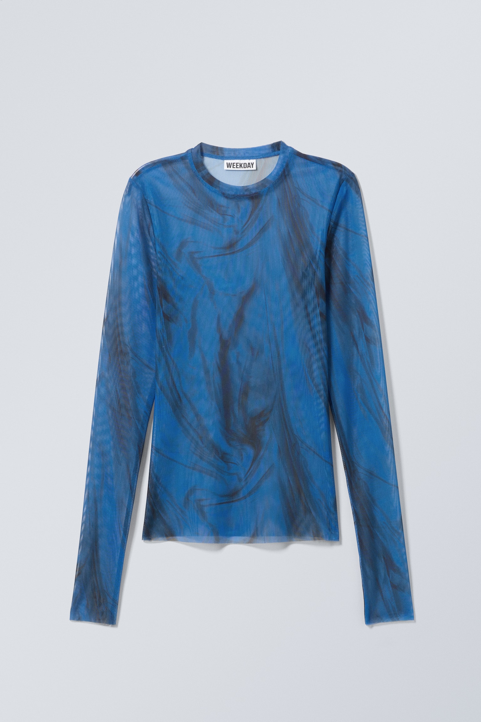 Printed Long Sleeve Mesh Top - Bright Blue - Black Strokes/Medium Beige/Surface Rust