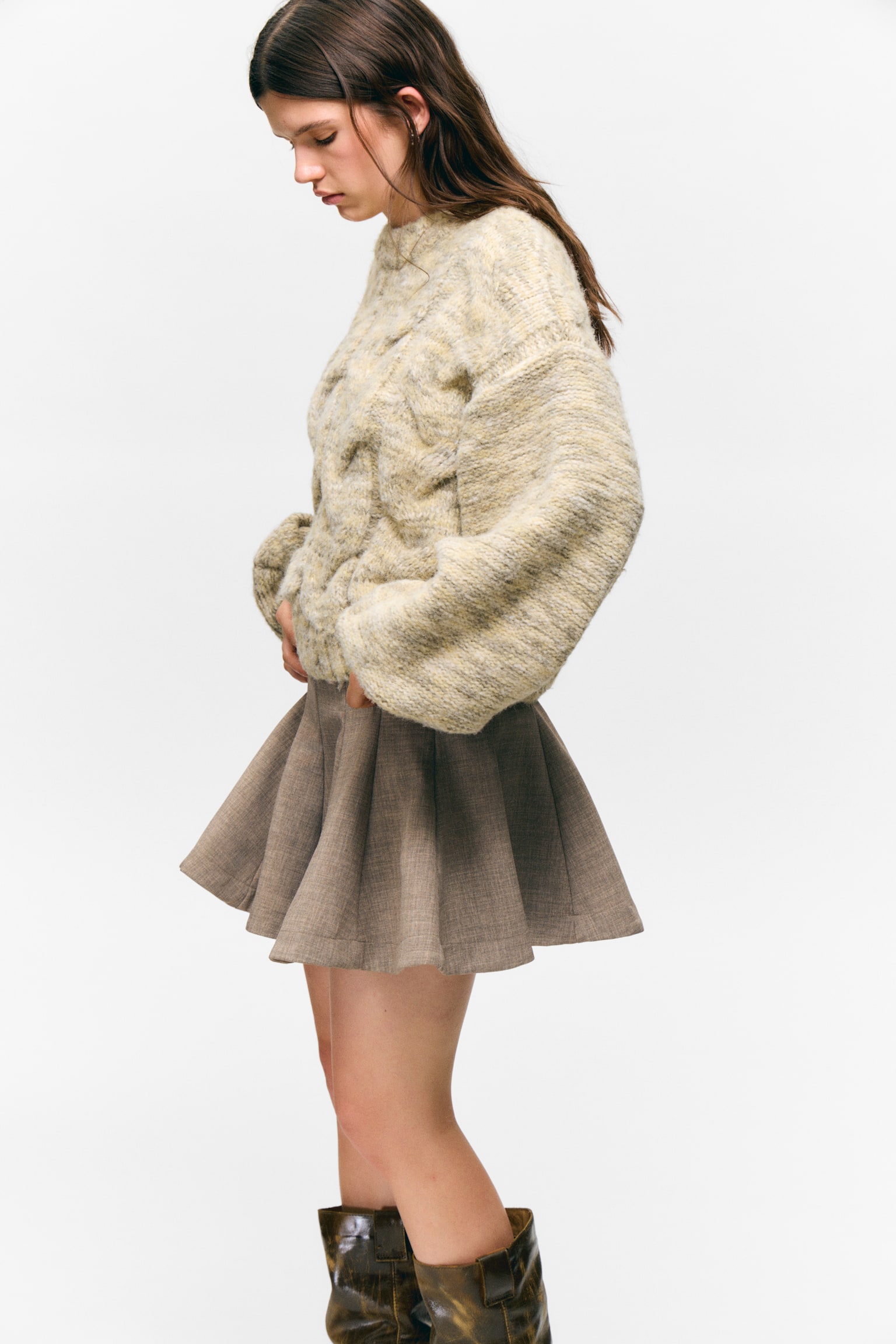 Grob gestrickter Zopfpullover - Staubgelb meliert/Hellrosa meliert - 3