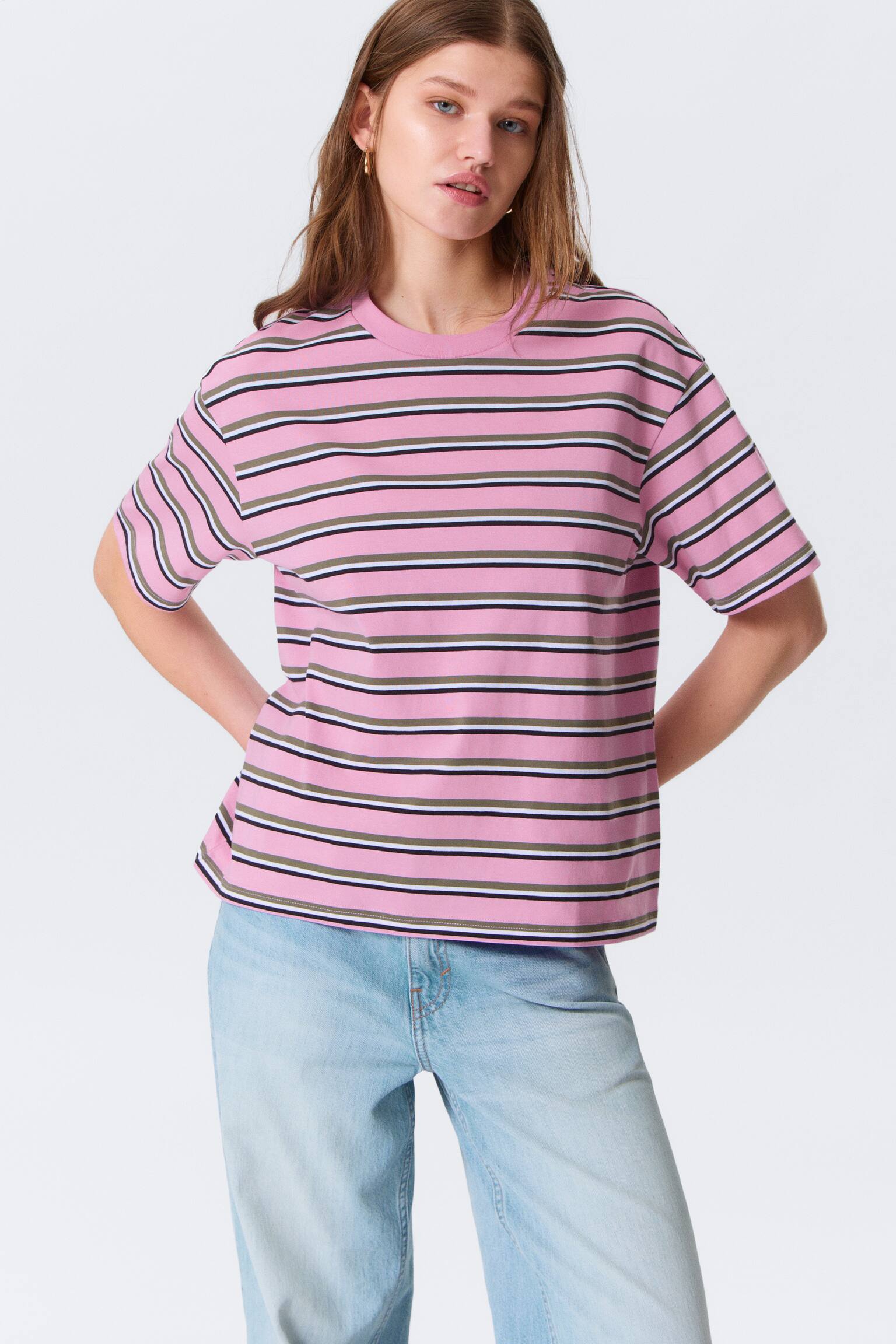 T-shirt in cotone - Striped Pink/Righe bianche e nere - 4