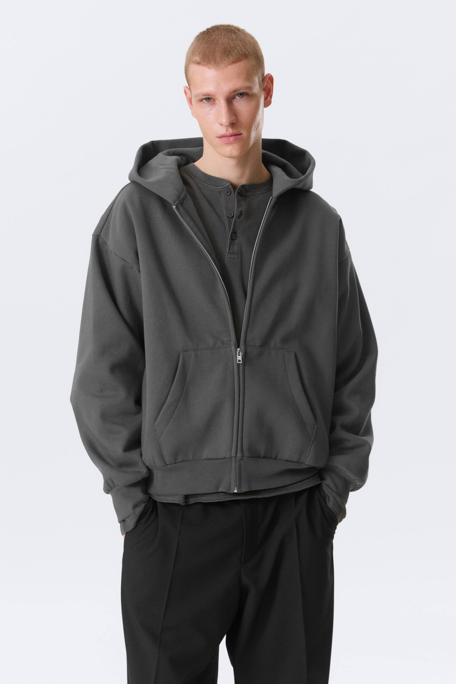 Felpa con cappuccio e zip - Grigio scuro/Marrone scuro/Nero/Grigio mélange/Blu lavato - 1