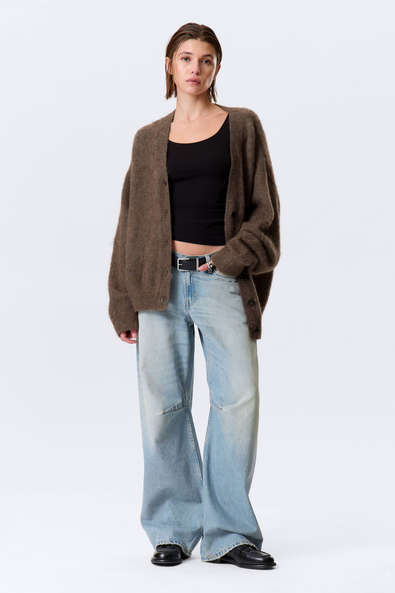 Vest van mohairmix met V-hals - Loose Fit - Donkerbruin gemêleerd/Donkergrijs - 1