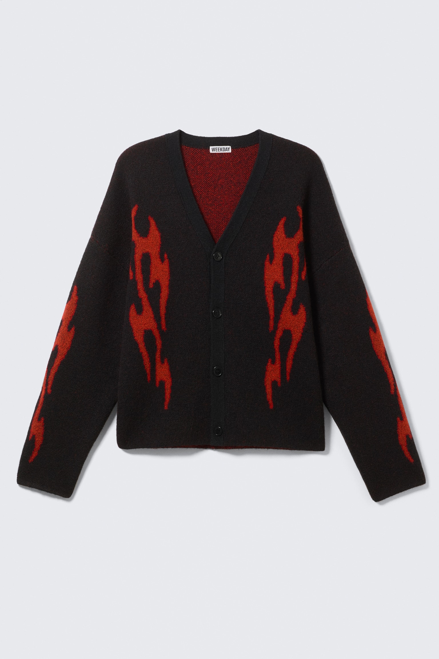 Boxy Strikket Graphic Cardigan - Sort - Røde Flammer - 2