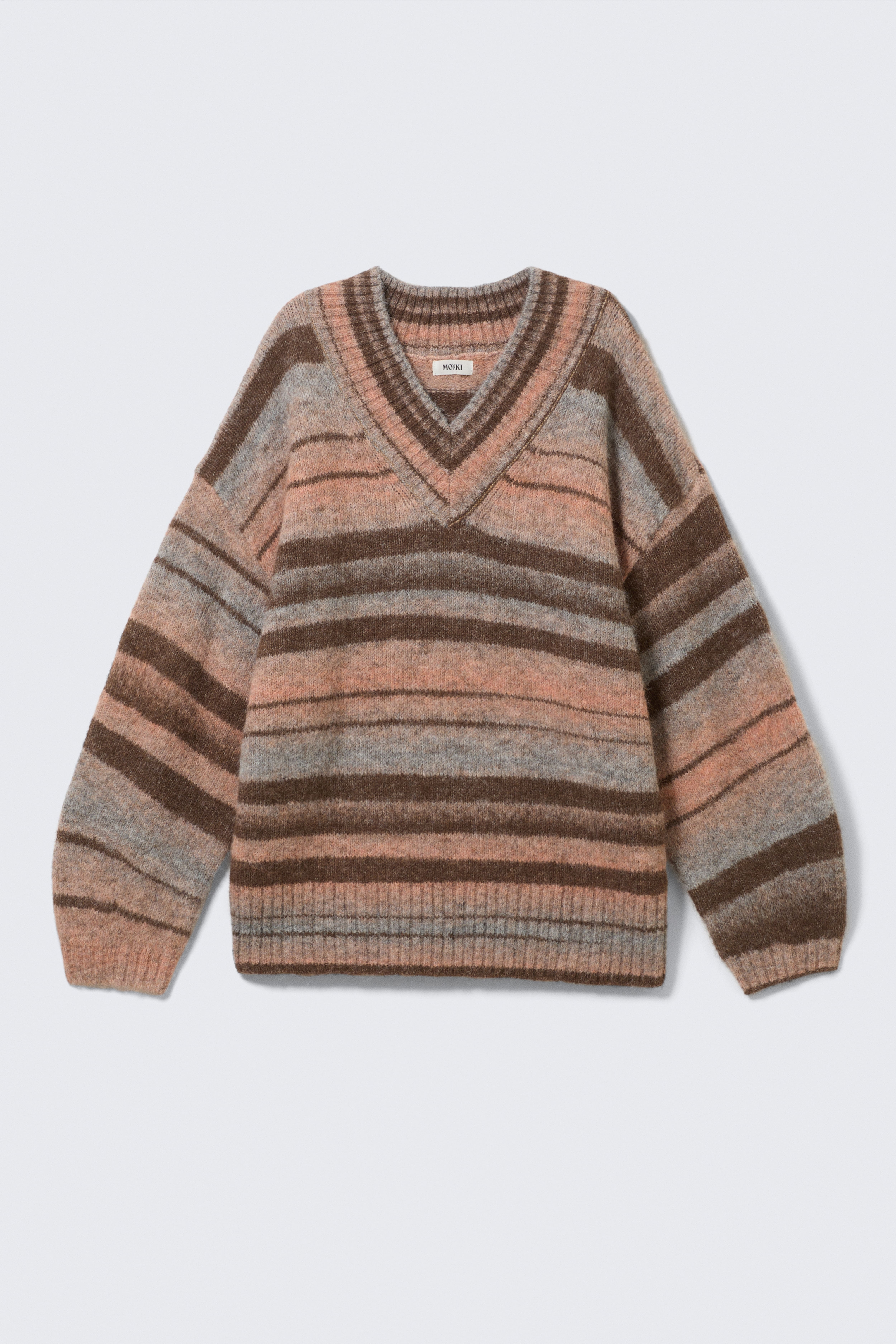 Oversized Strickpullover mit V-Ausschnitt - Braun & Orange gestreift/Gelb gestreift/Grau meliert
