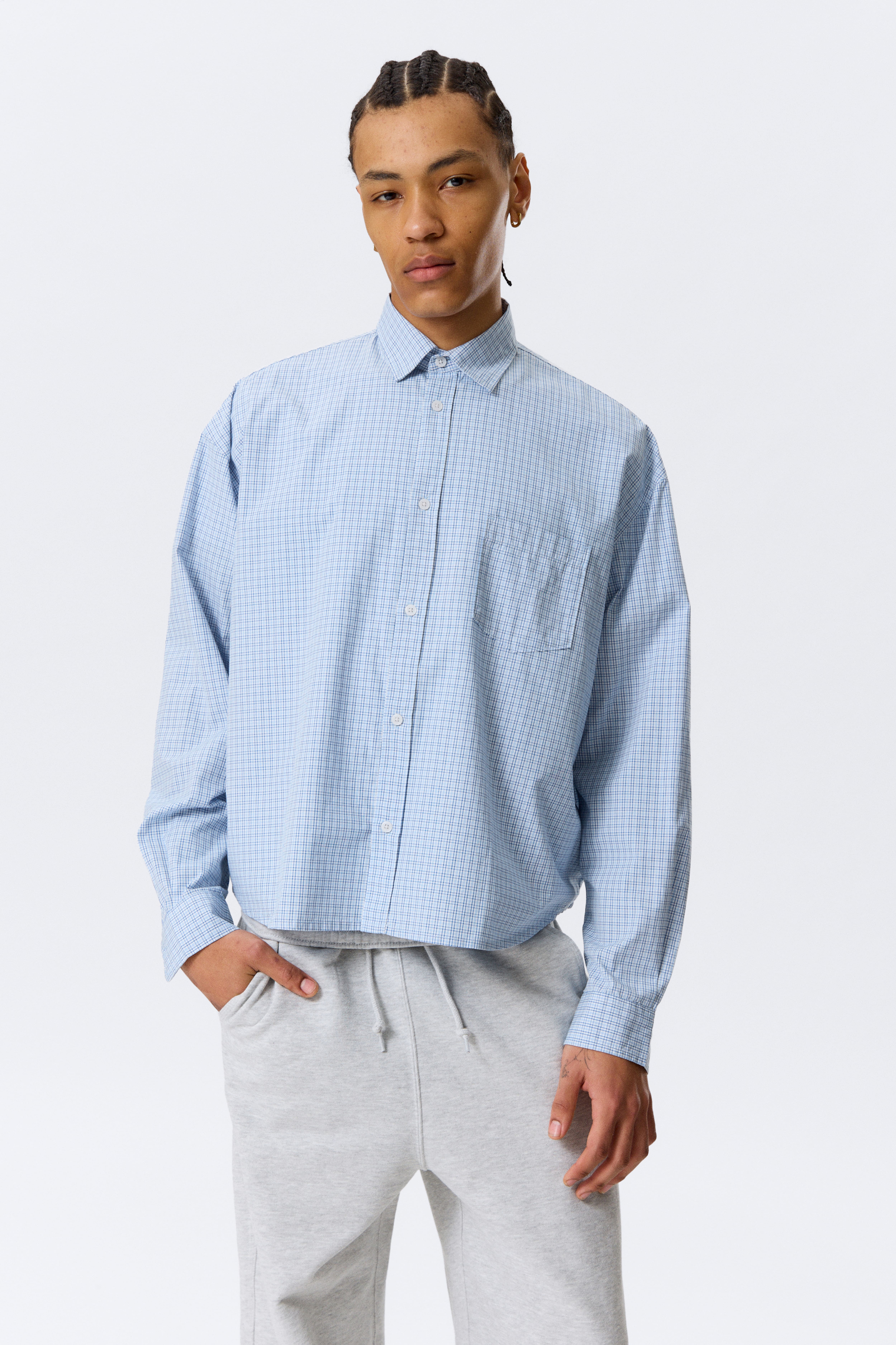 Camicia boxy in popeline di cotone a maniche lunghe - Blu a quadri
