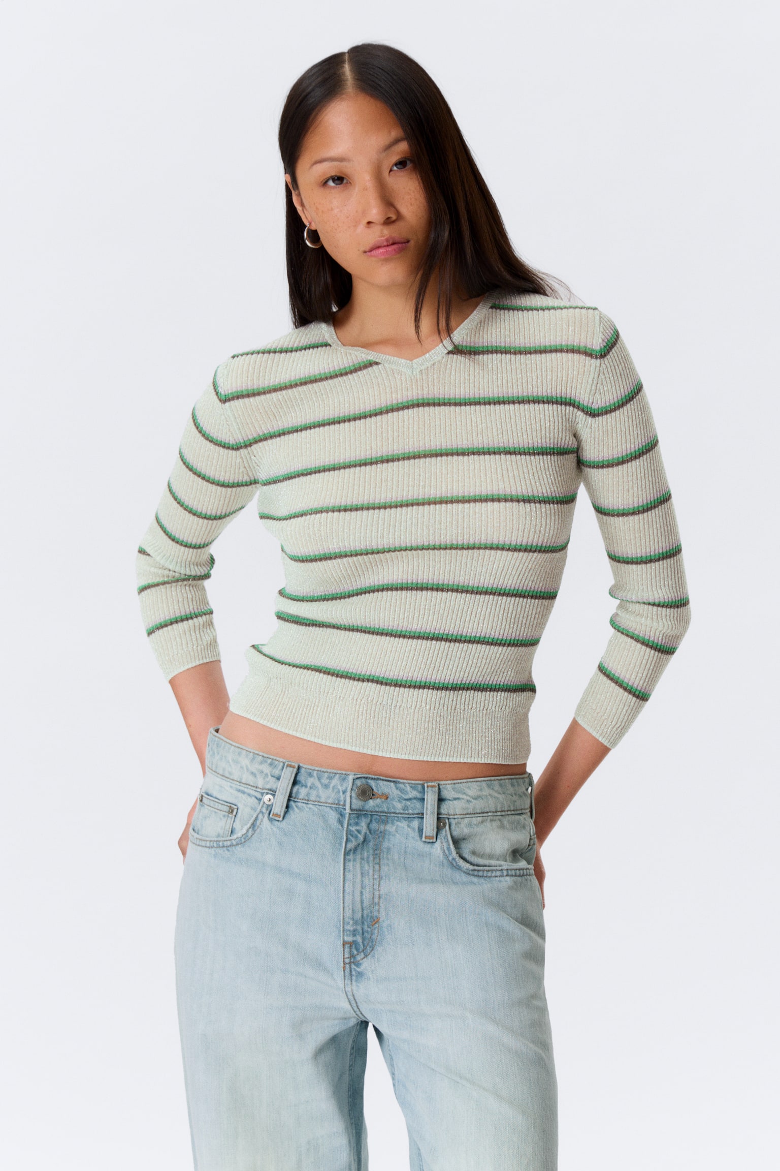 Pullover a V in misto lana - Striped Light Grey/Rosa chiaro - 4