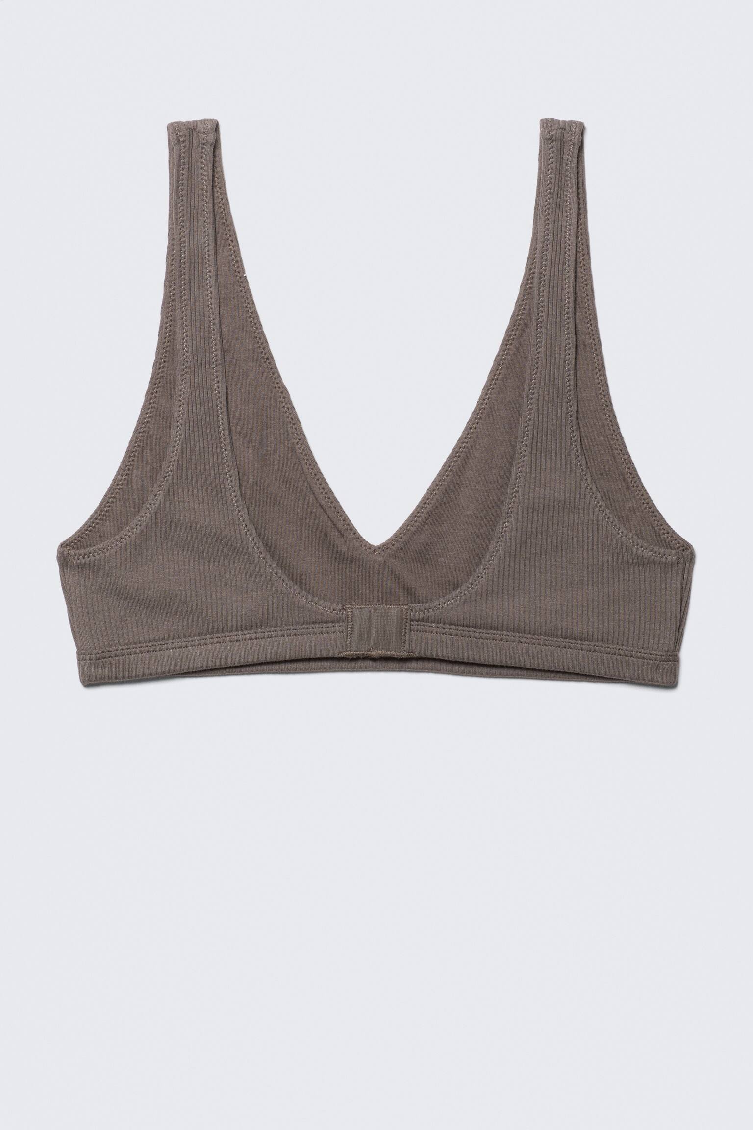 Gerippter Soft-BH mit tiefem V-Ausschnitt - Dunkles Graubraun/Weiß - 3
