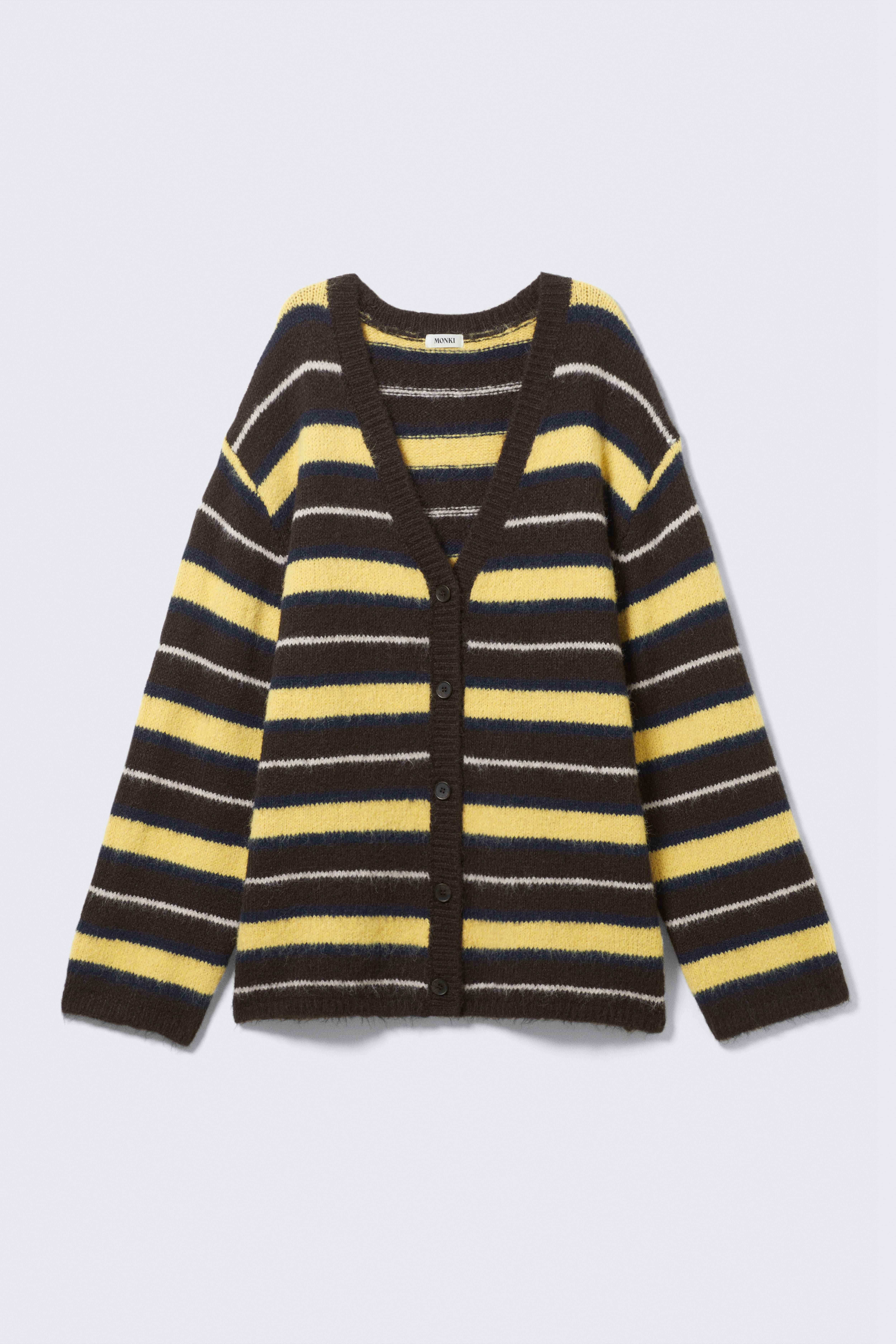 Weiche Strickjacke mit V-Ausschnitt - Dunkelbraun & gelb gestreift/Schwarz/Staubiges Beige/Pflaume/Grün/Beige gestreift