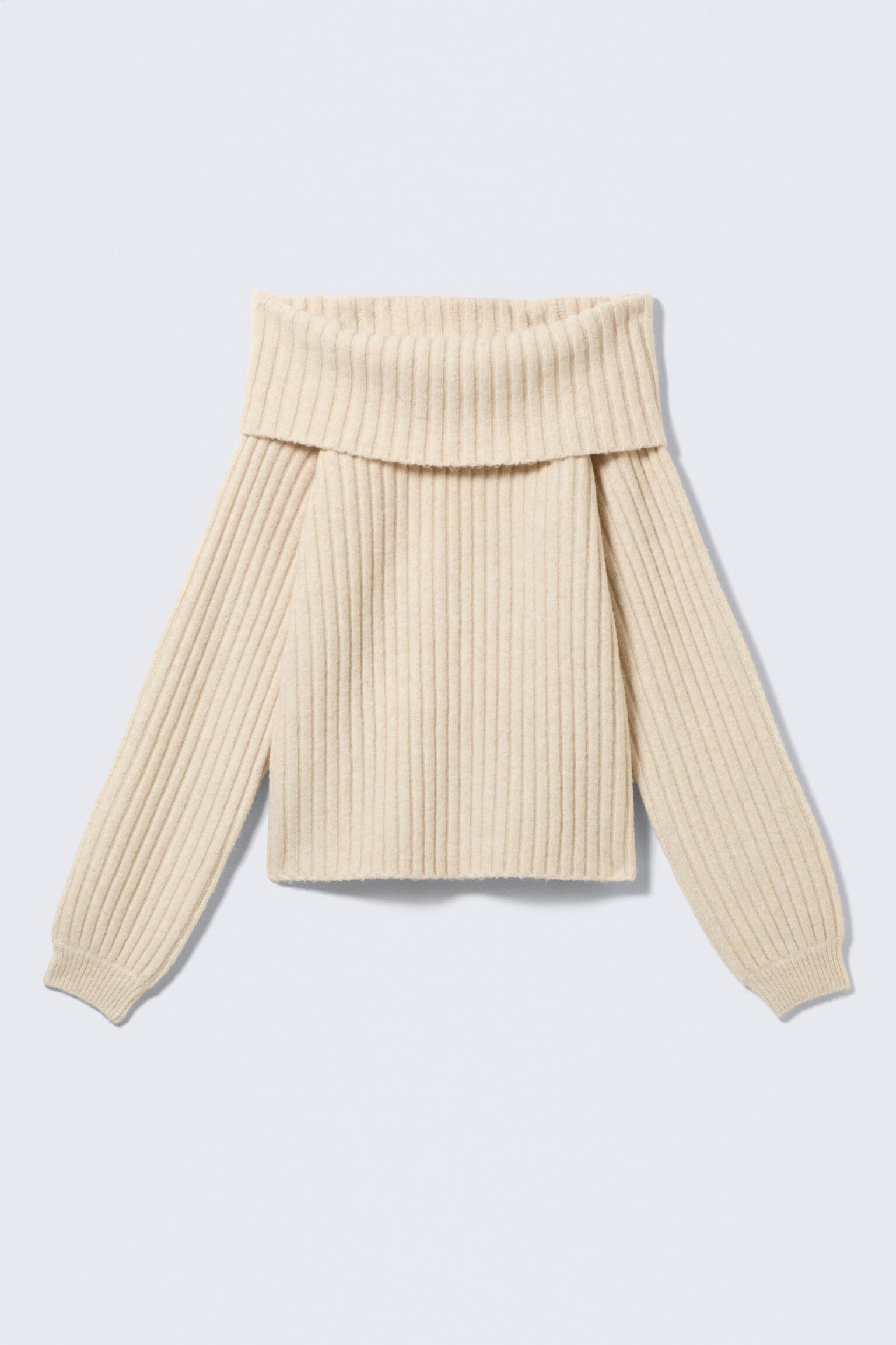 Off-Shoulder Ribbed Knitted Sweater - Light Beige/Grey Melange - 2