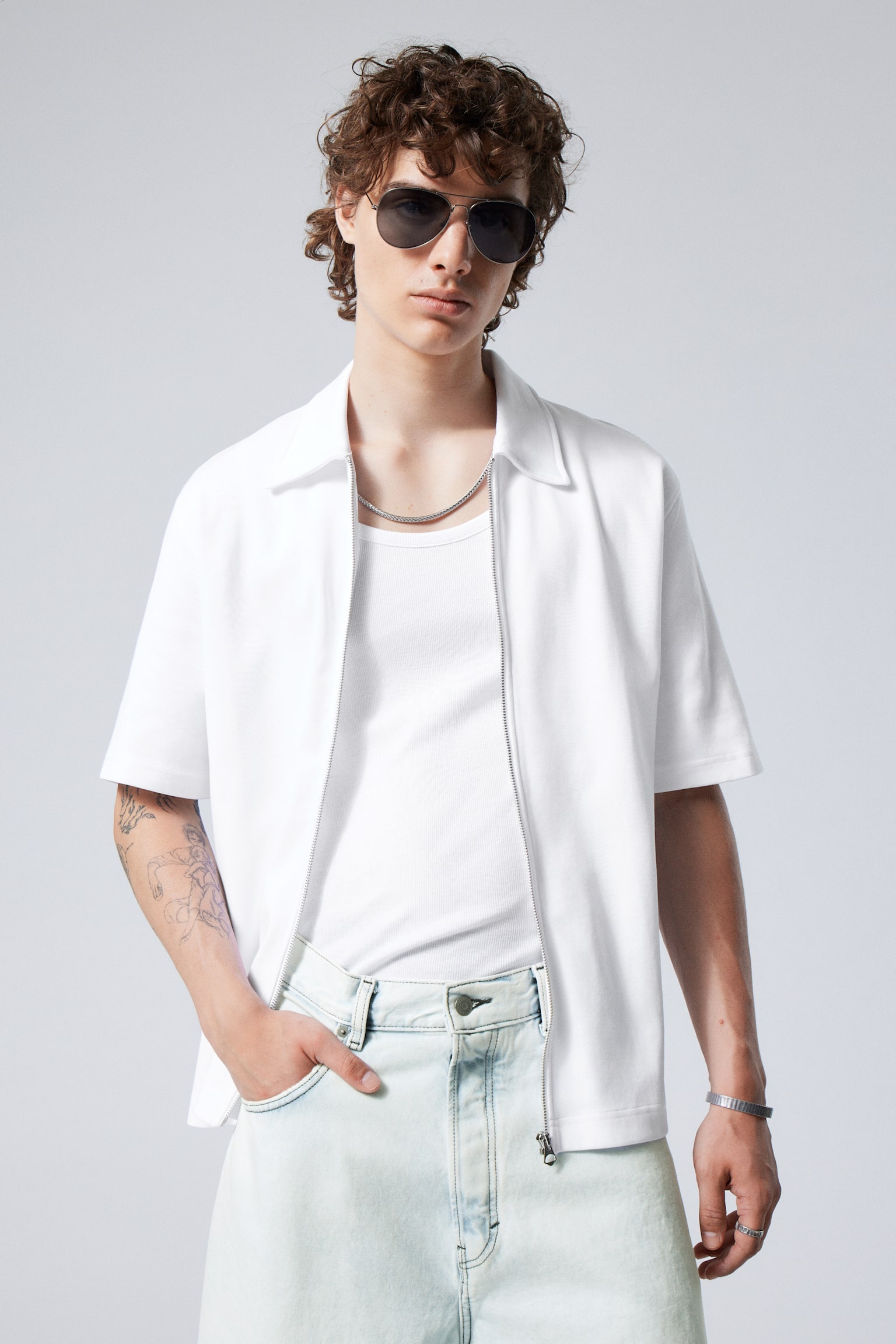 Short Sleeve Zip Shirt - White/Washed Black - 1