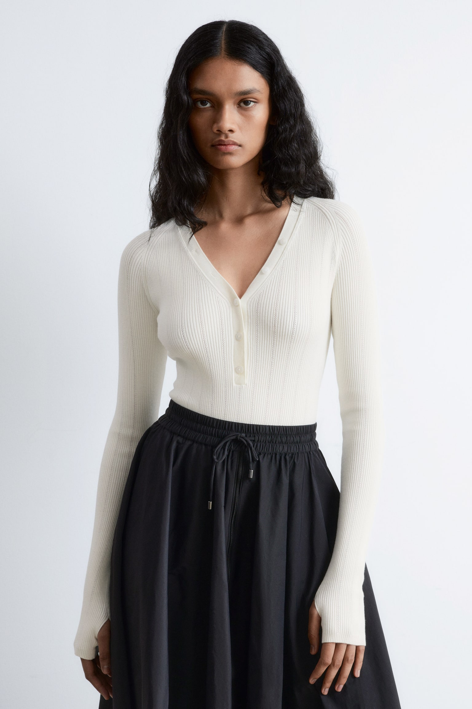 Ribgebreide body met lange mouwen - Wit/Olijfbruin - 1