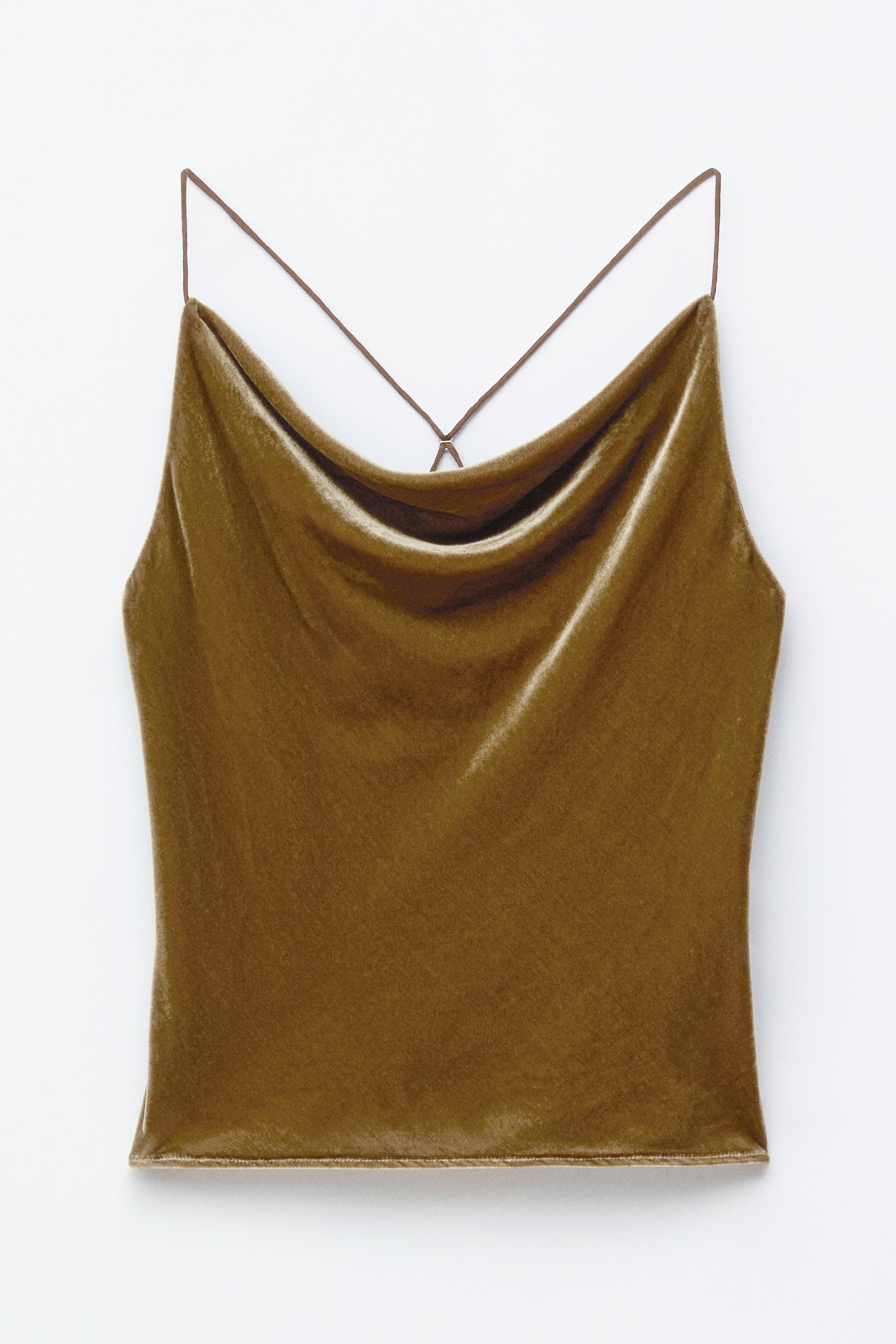 Top in velluto con spalline - Marrone kaki/Nero