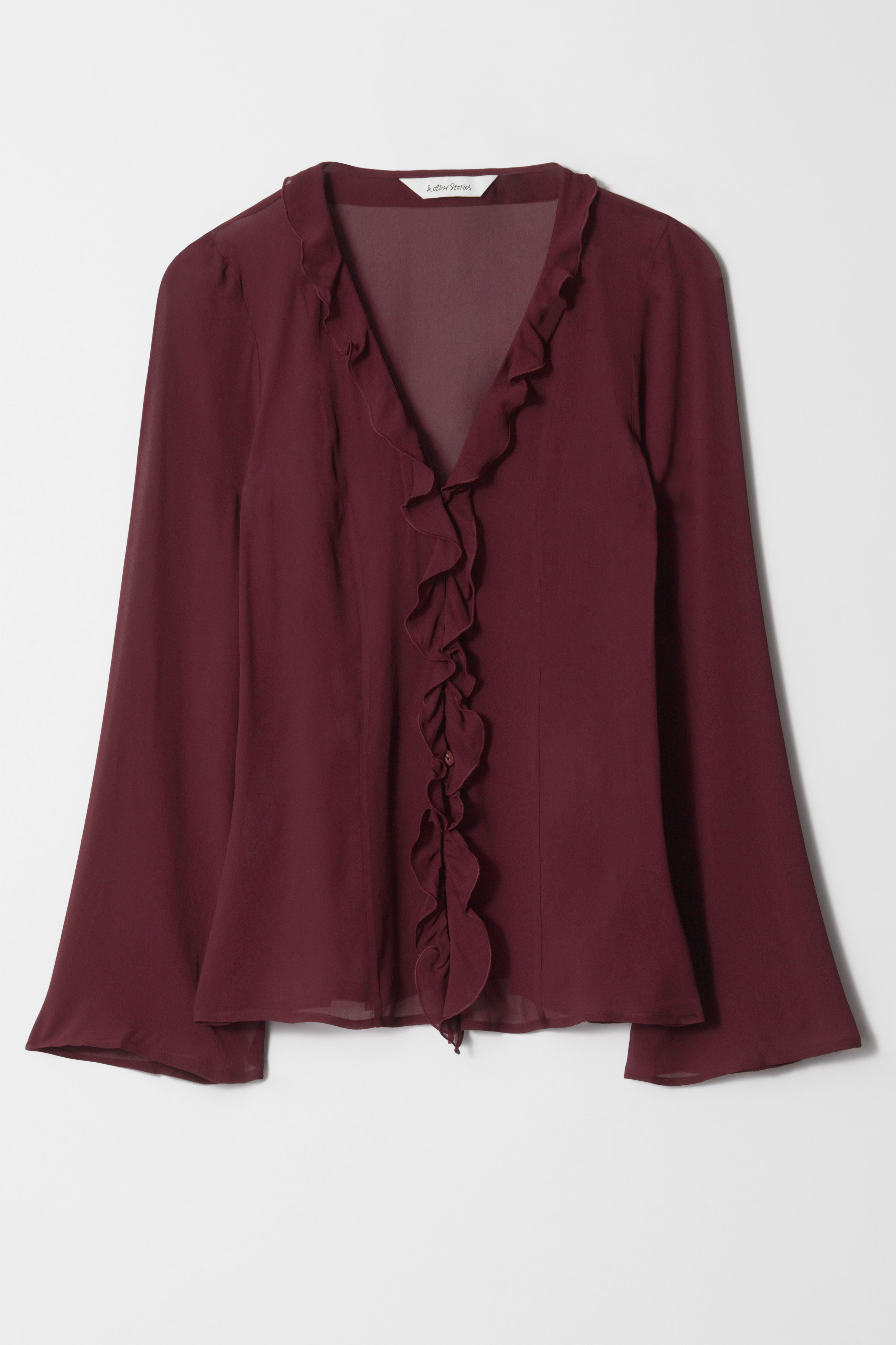 Bluse mit Rüschen und V-Ausschnitt - Dunkelrot