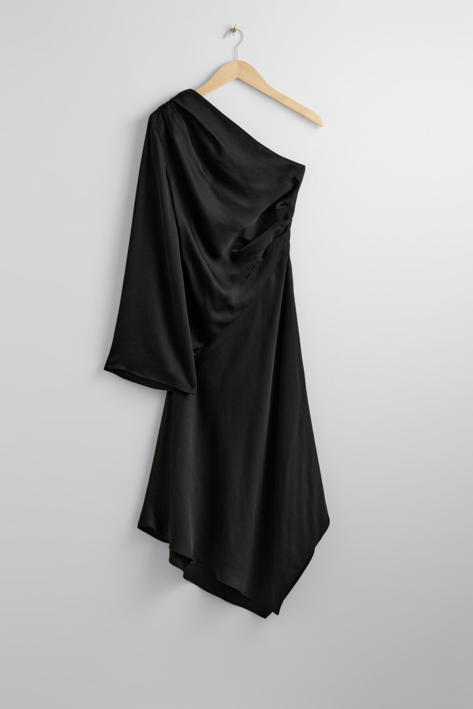 One-Shoulder Satin Midi Dress - Black - 1