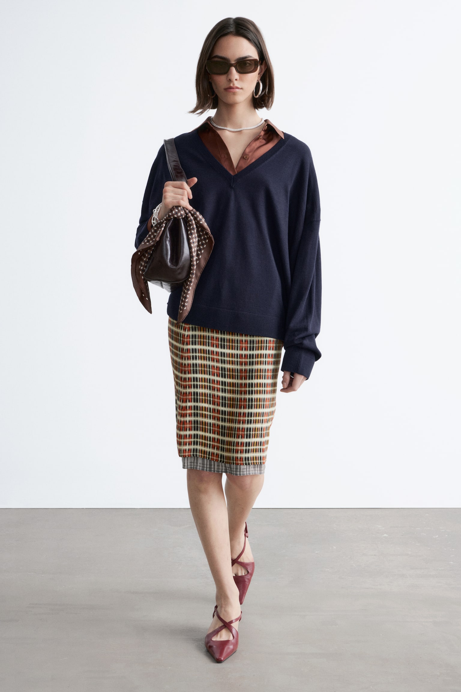 Maglione in lana merino con scollo a V - Blu scuro/Turchese chiaro mélange/Verde kaki - 3