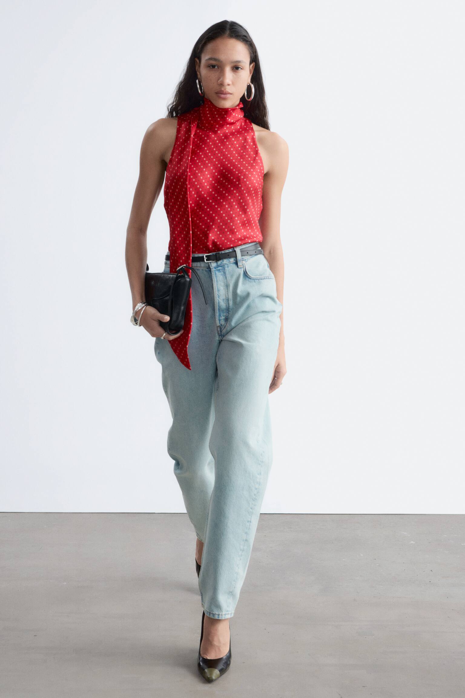 Jeans med hög midja och raka ben - Ljusblå/Klarröd - 4