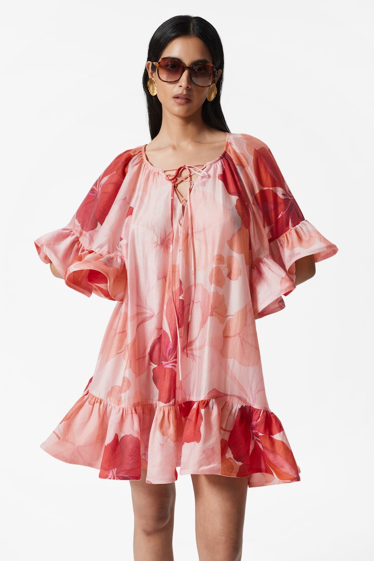 Jurkje Roezels Bloemen Jurk Kort Mini-jurk Met Ruches Roze/rode