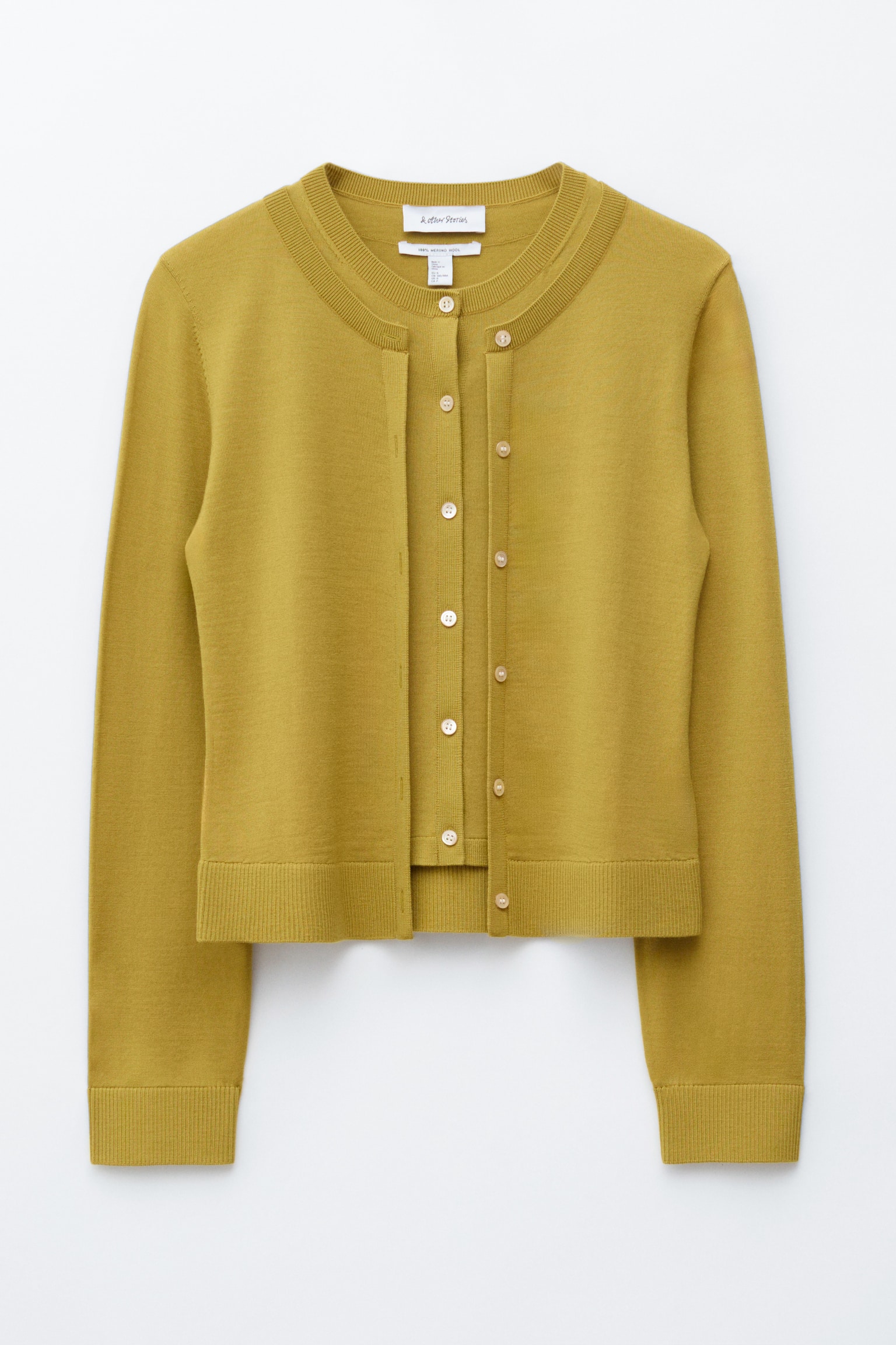 Dobbeltlagt cardigan i merinould - Sennepsgul/Sort - 2