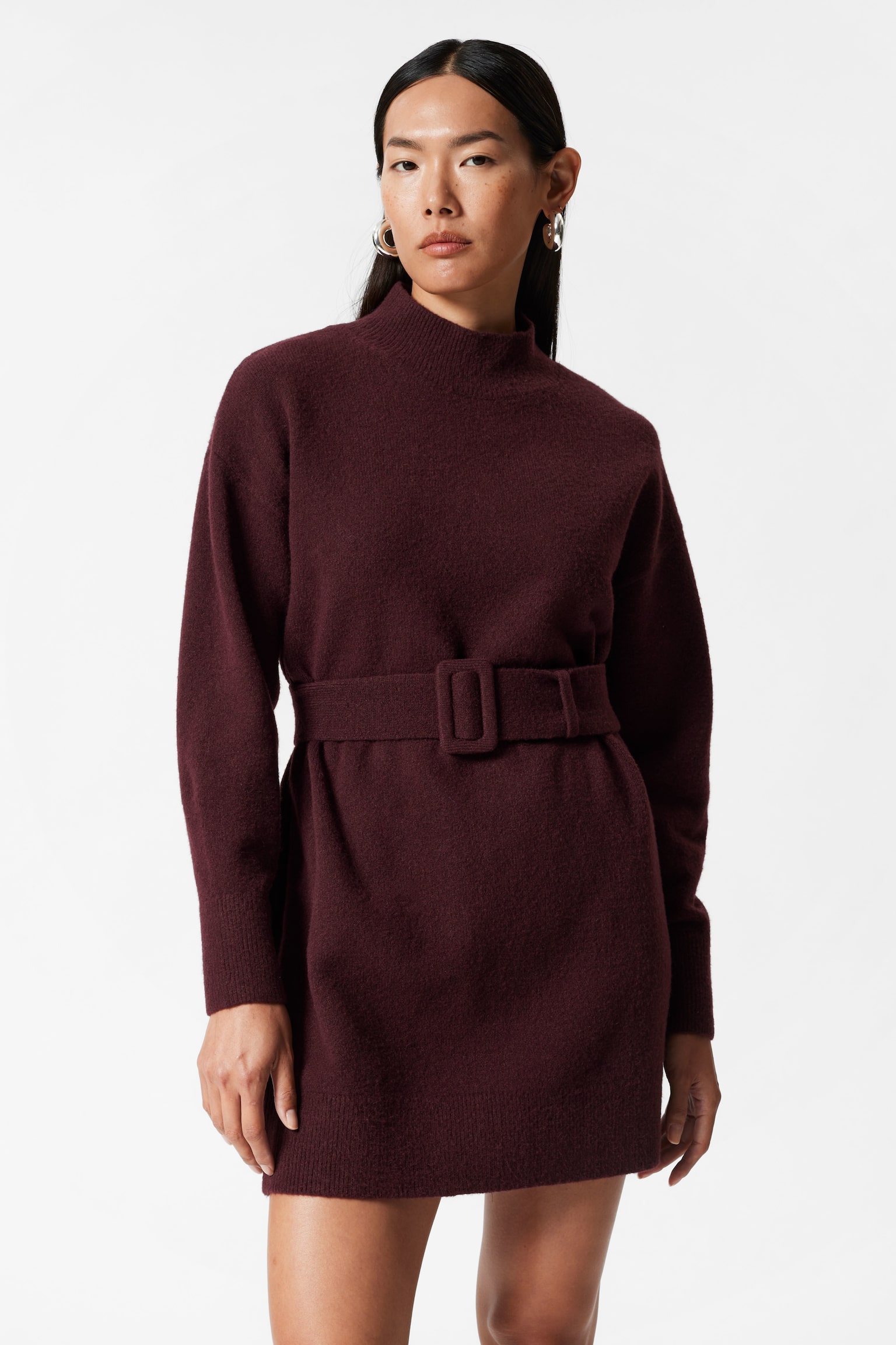 Belted Mini Knit Dress - Dark Red/Black/Grey - 3