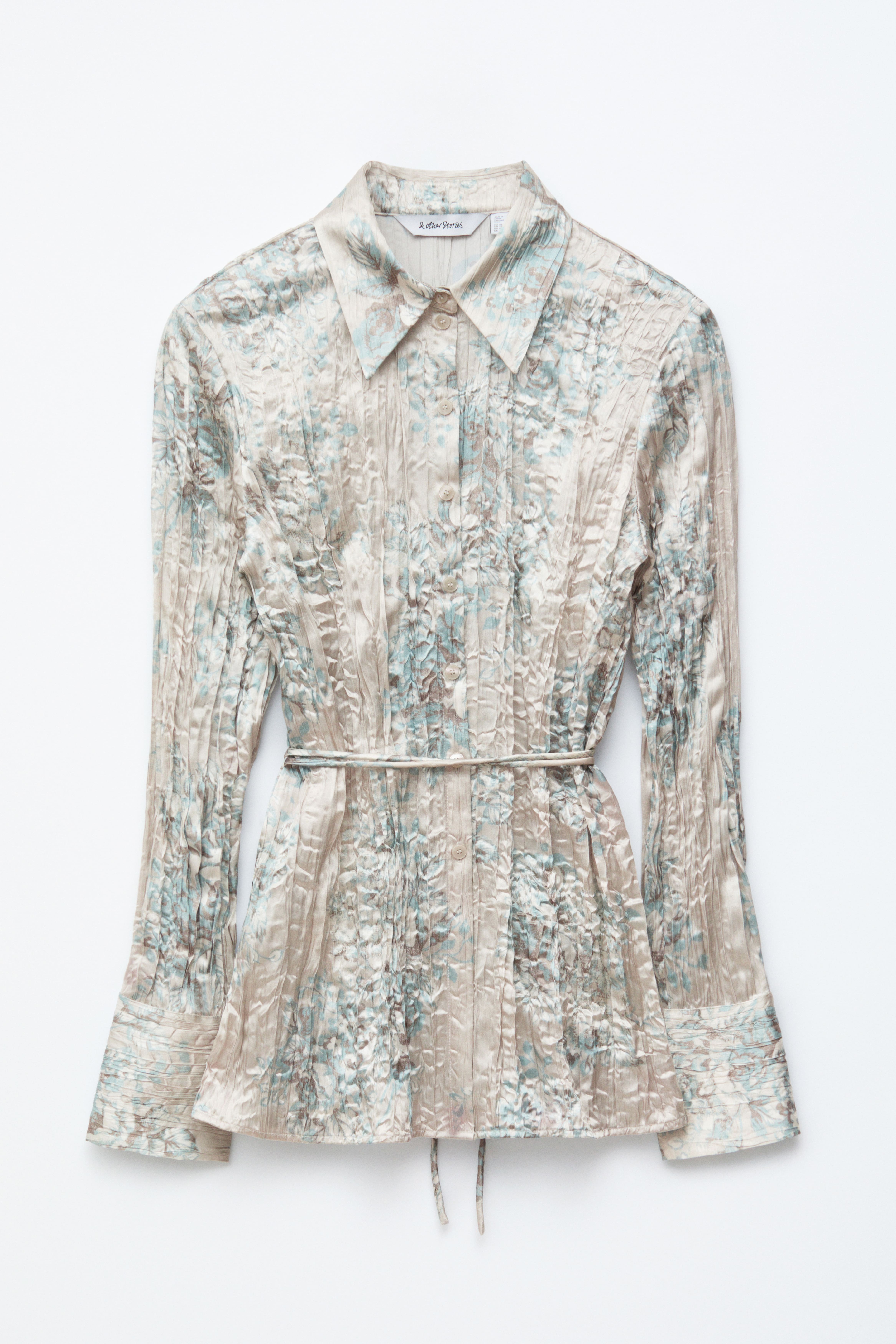 Camicia in crêpe con cintura annodabile - Motivo floreale grigio chiaro