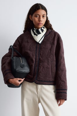  Floral Pattern Quilted Jacket Dark Brown Ladies H&M GB