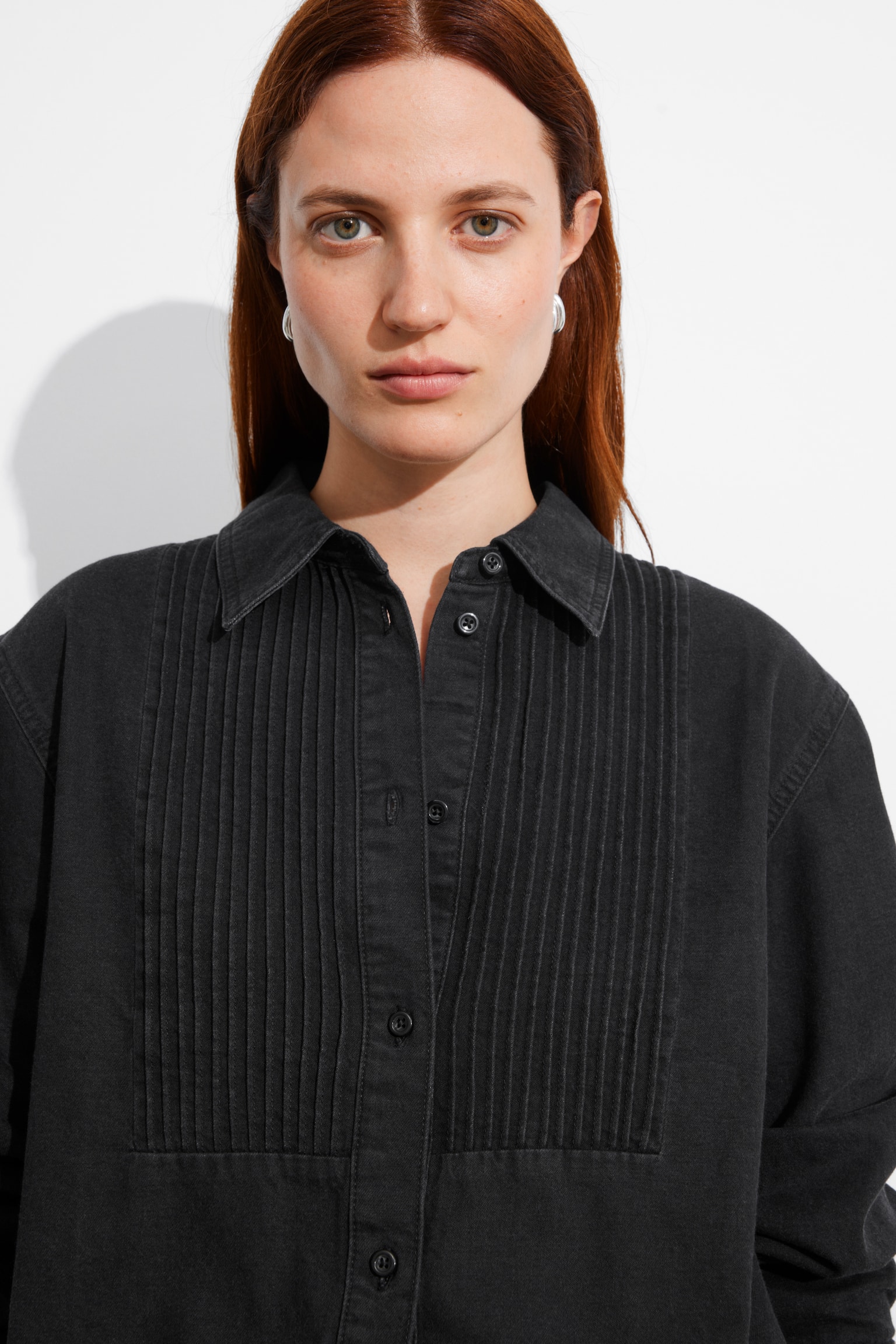 Pleated Denim Shirt - Black - 5