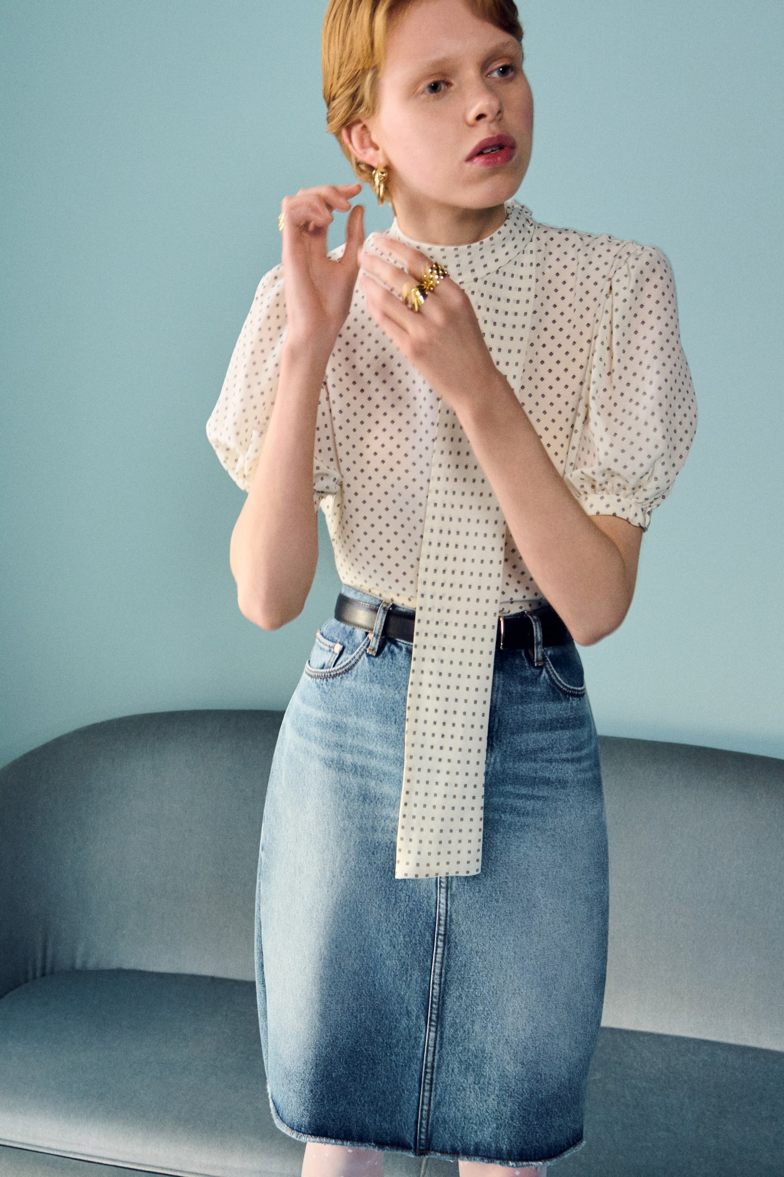 Zijden blouse met print en strik aan de hals - Wit/patroon - 8