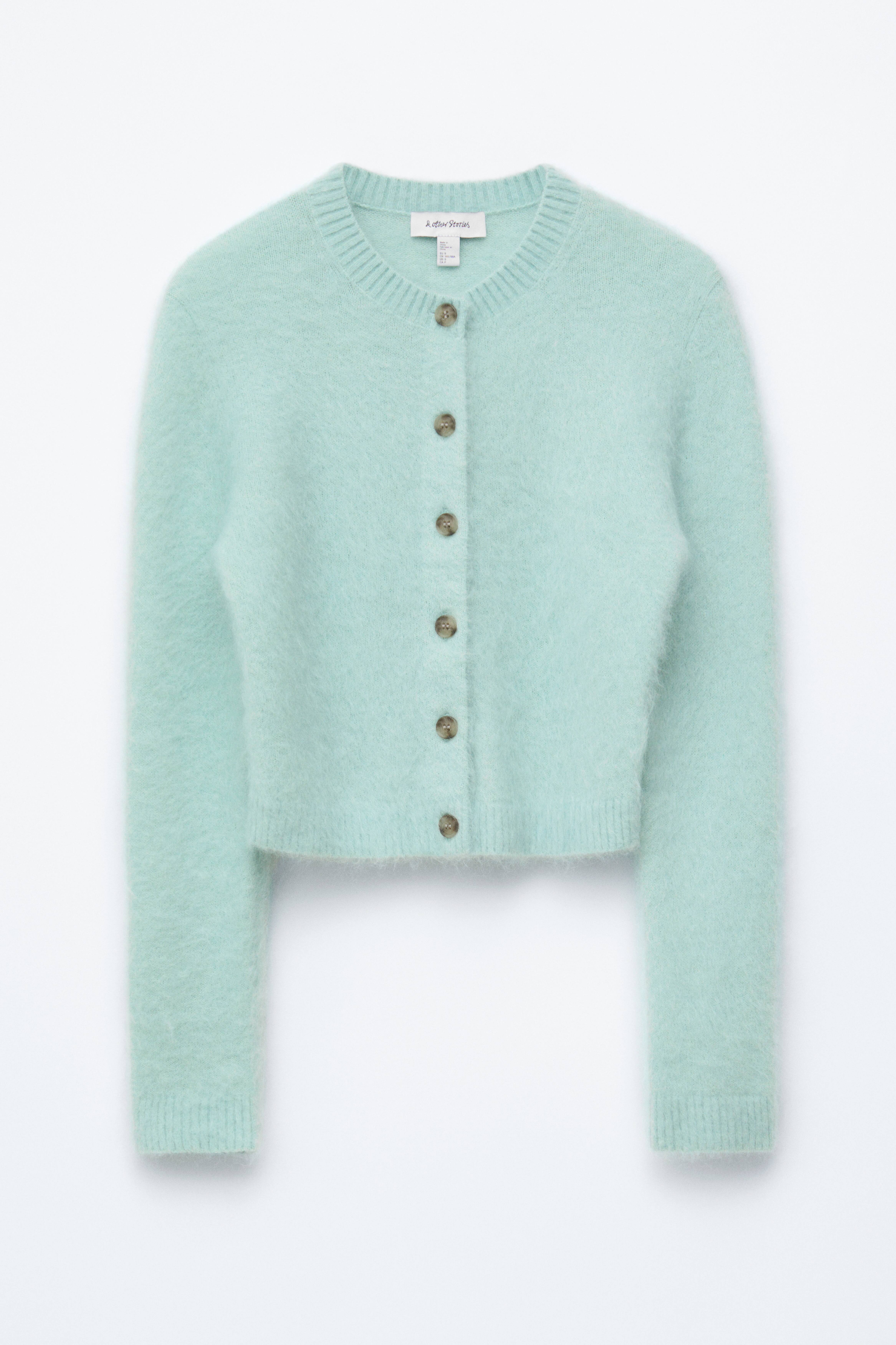 Cardigan in misto mohair spazzolato - Turchese chiaro/Cammello/Pesca/Nero