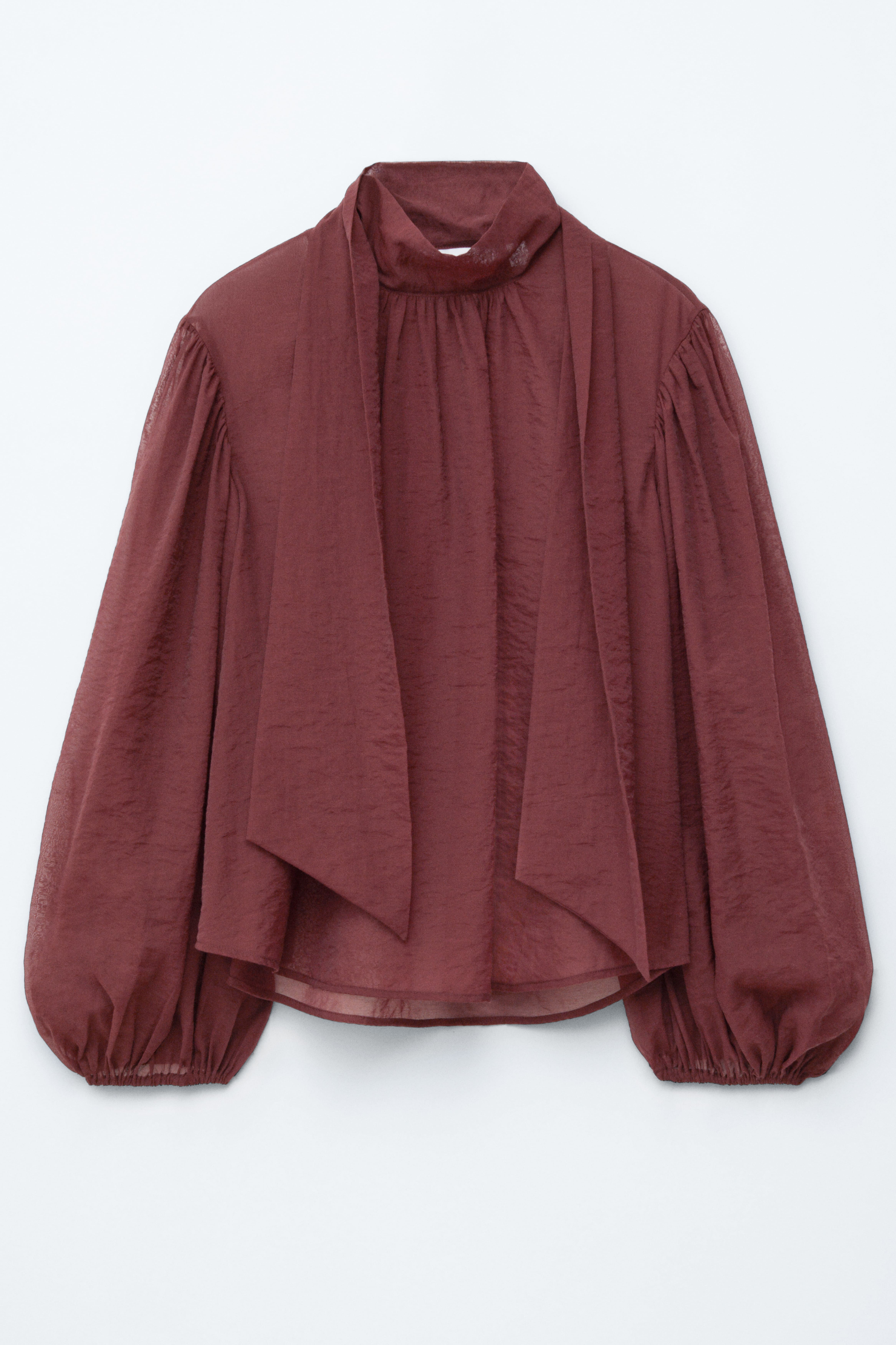 Puff-Sleeve Bow-Detail Blouse - Bordeauxrood/Beige