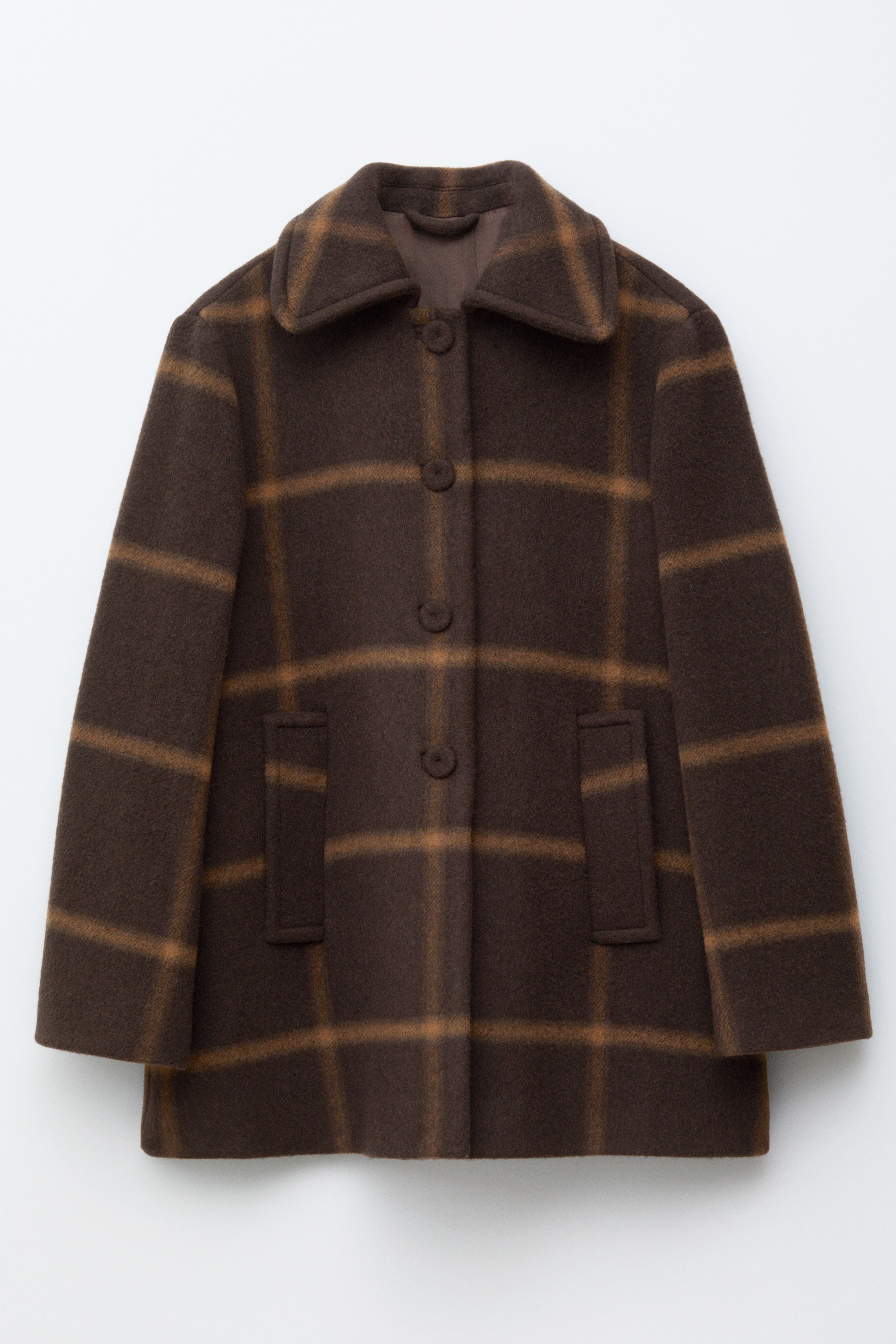 A-Linien-Mantel aus Wolle - Braun kariert