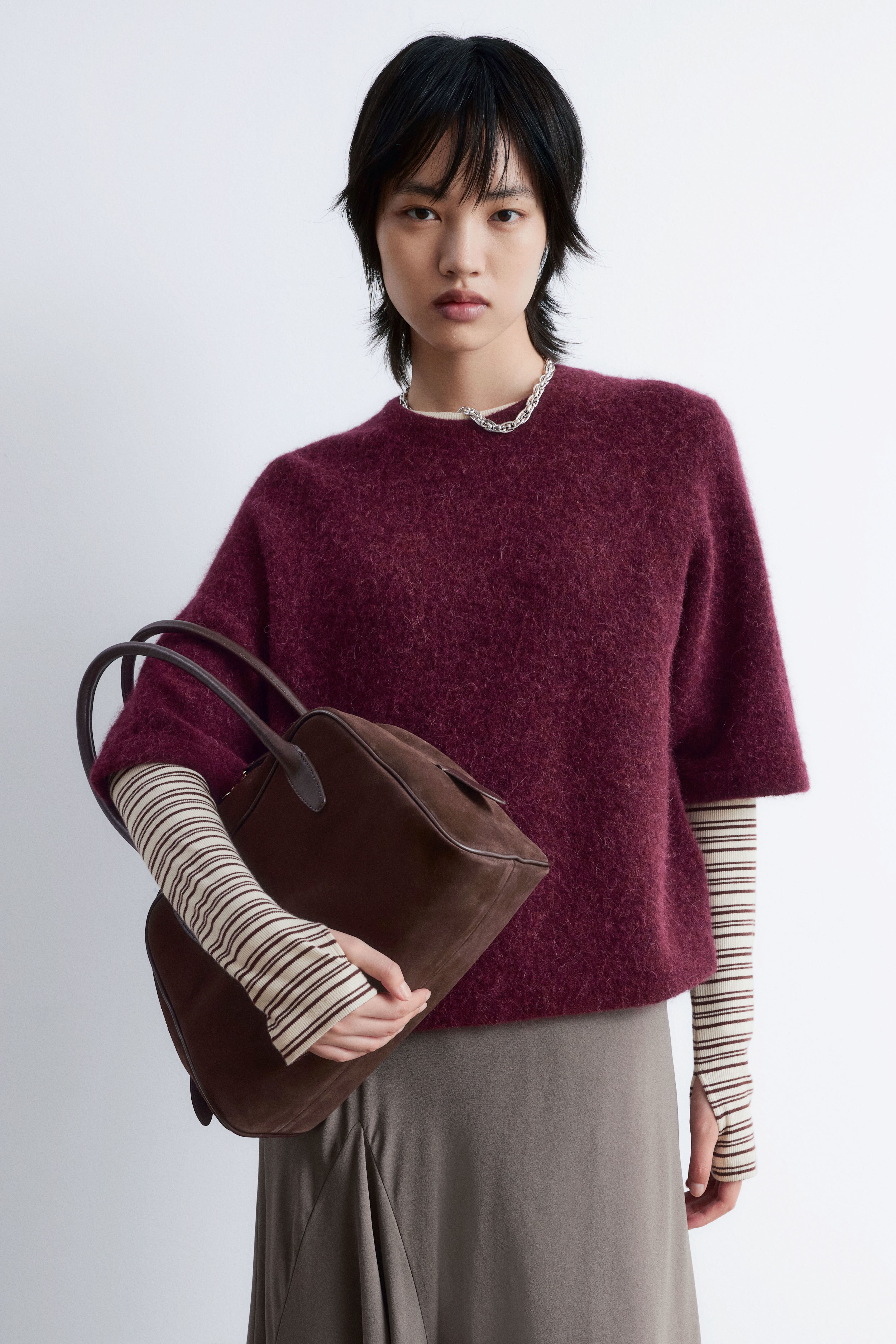 Stickad topp i alpackablandning - Vinröd/Mole/Beige/Grå