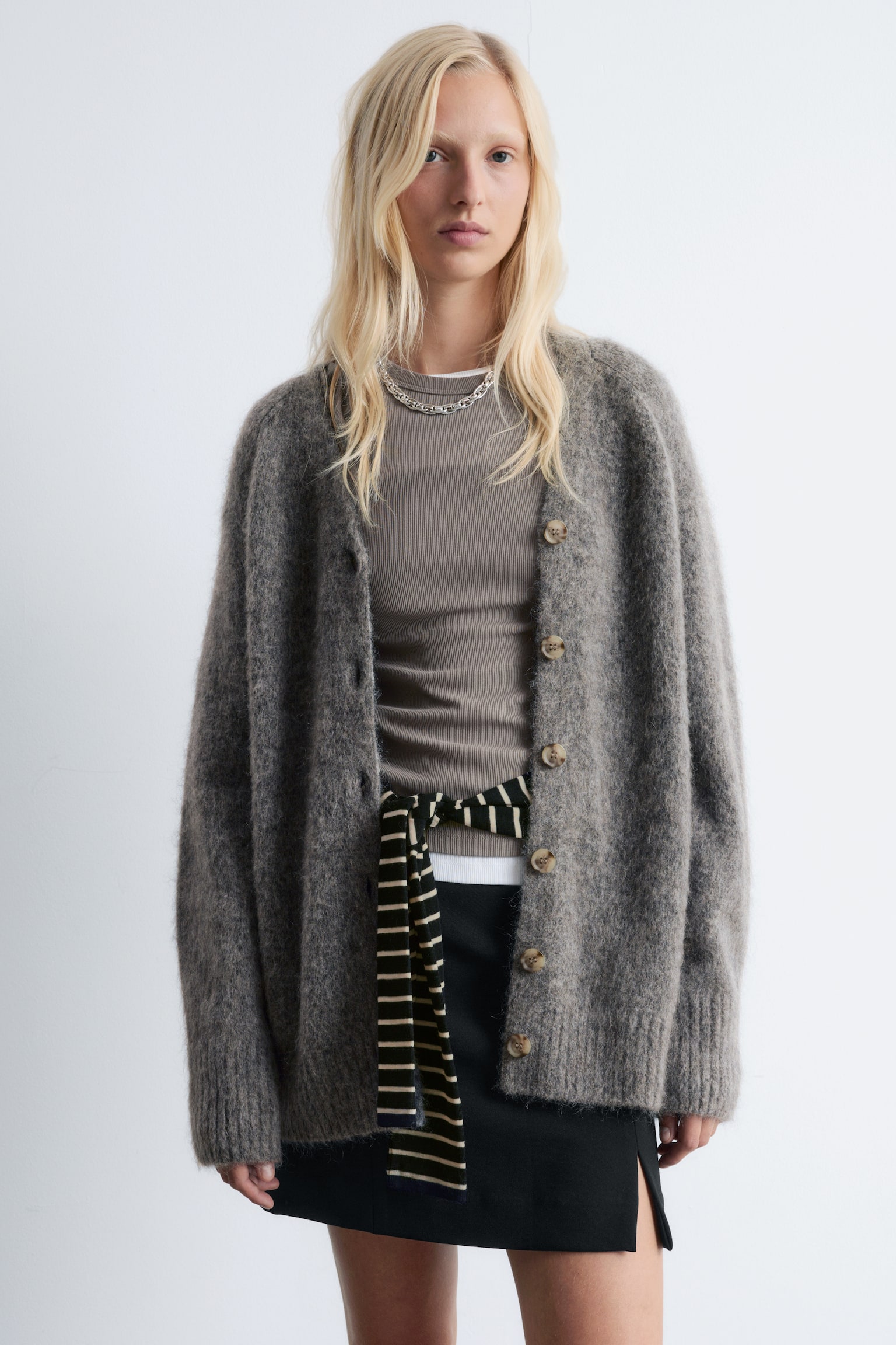 Cardigan lungo in misto mohair - Grigio/Blu scuro - 1