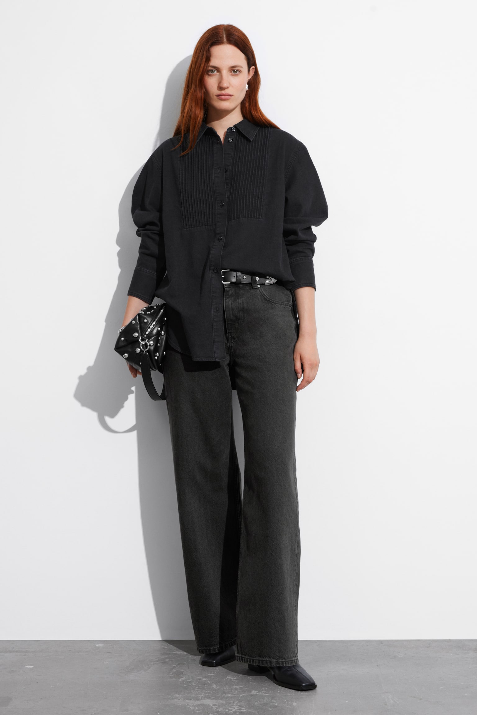 Pleated Denim Shirt - Black - 4