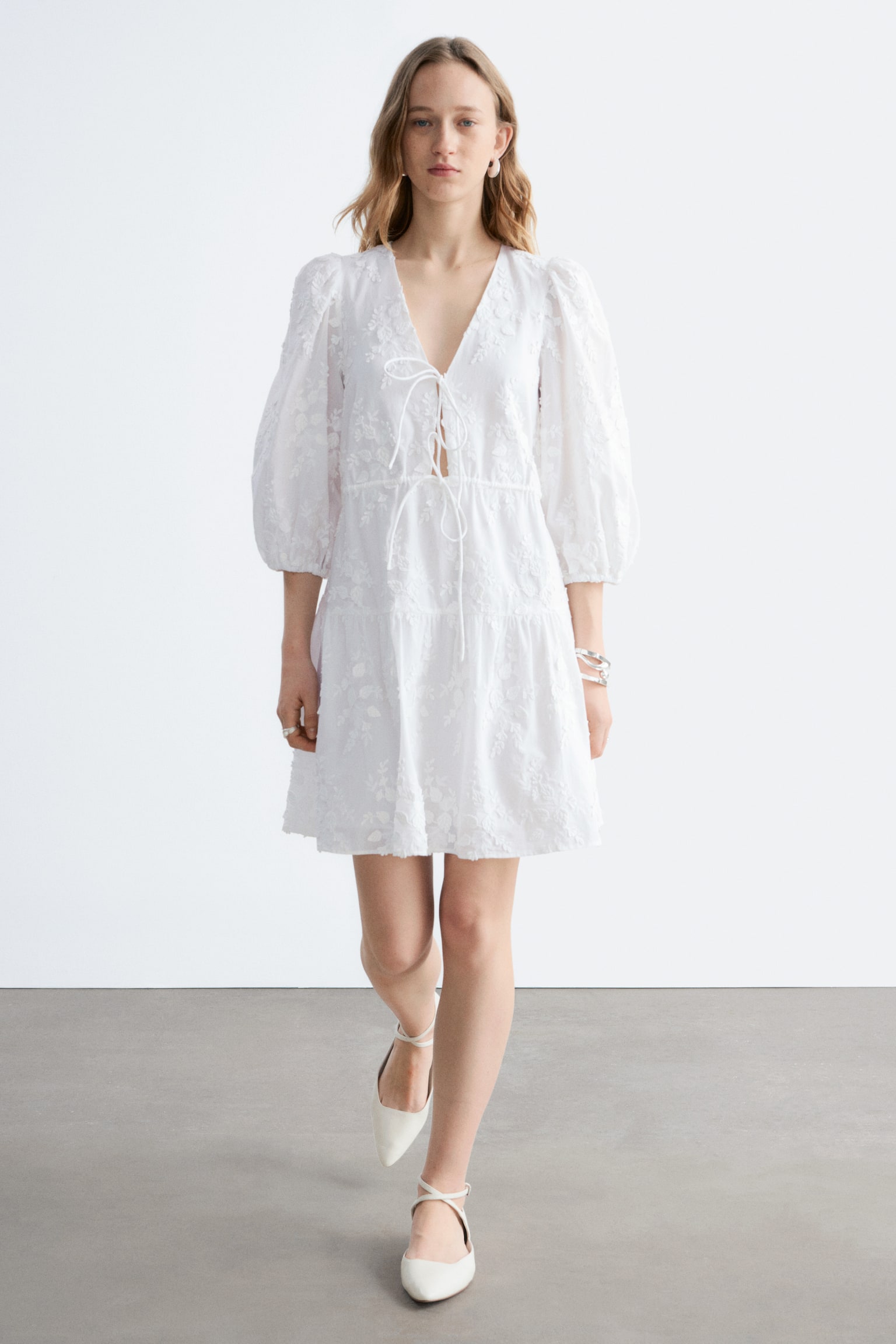 Embroidered Mini Dress - White - 3