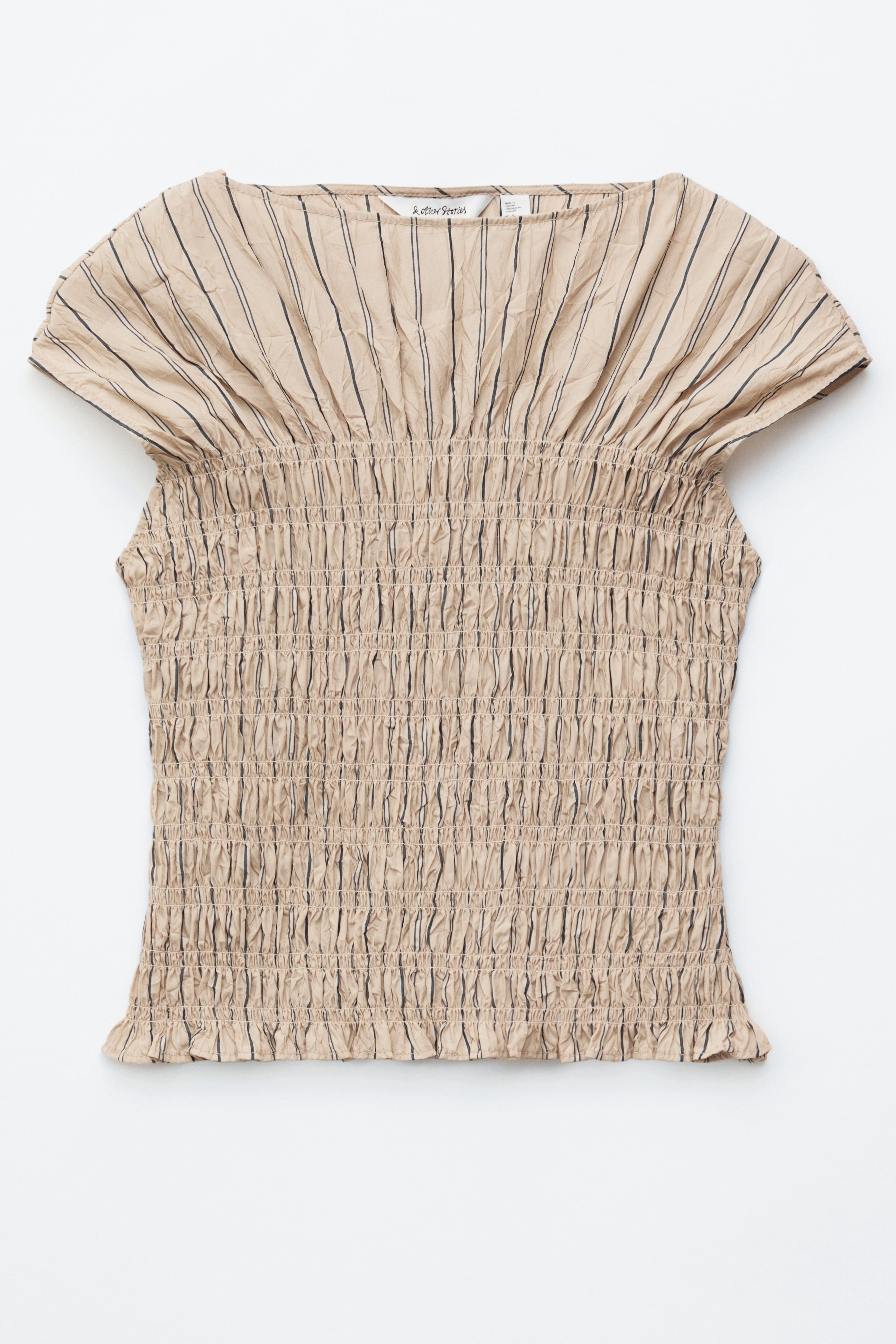 Top con scollo a barchetta e lavorazione smock - Beige/Righe