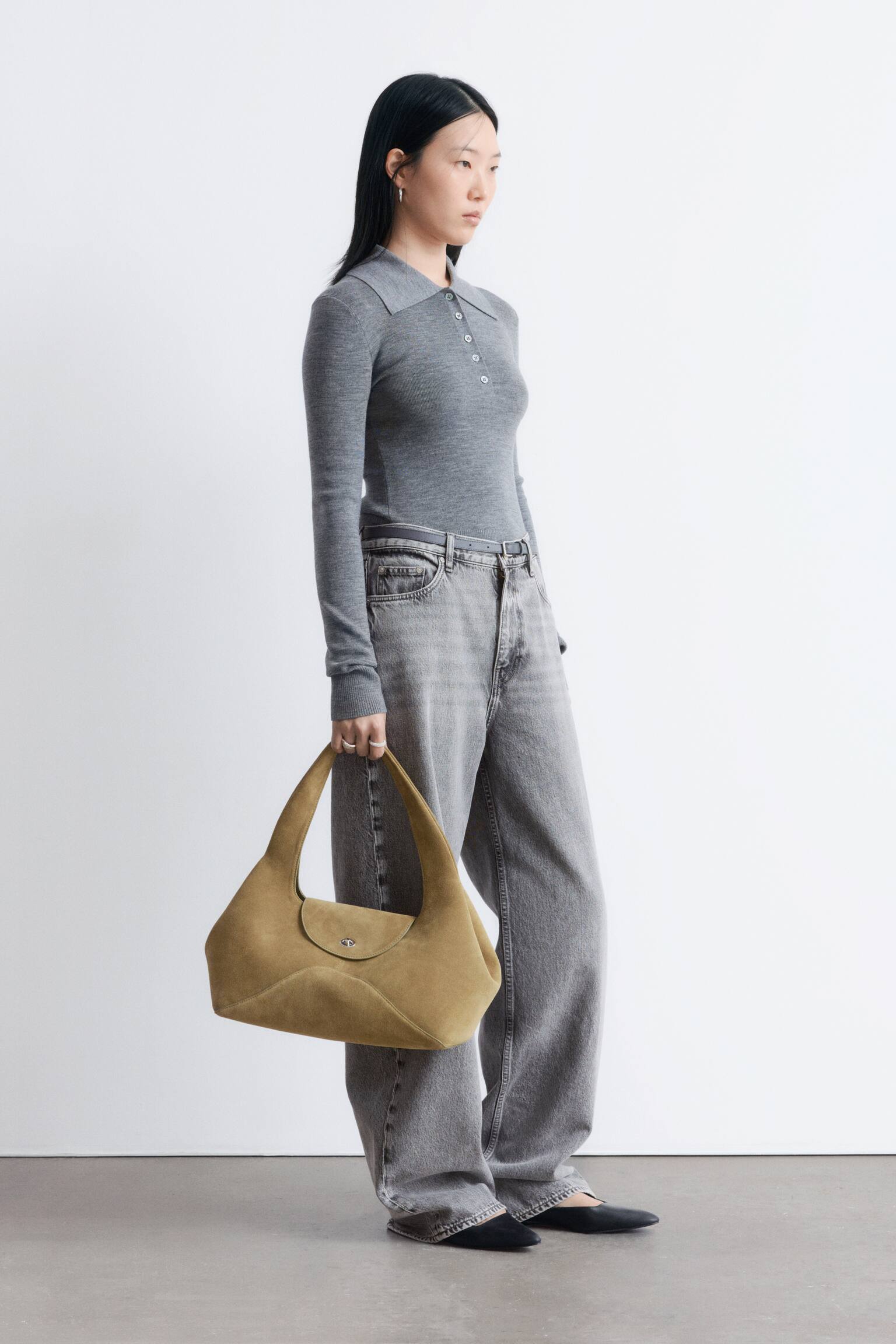 Ribbstickad pikétröja i merinoull - Grå/Melange/Mörkbrun/Persika - 4