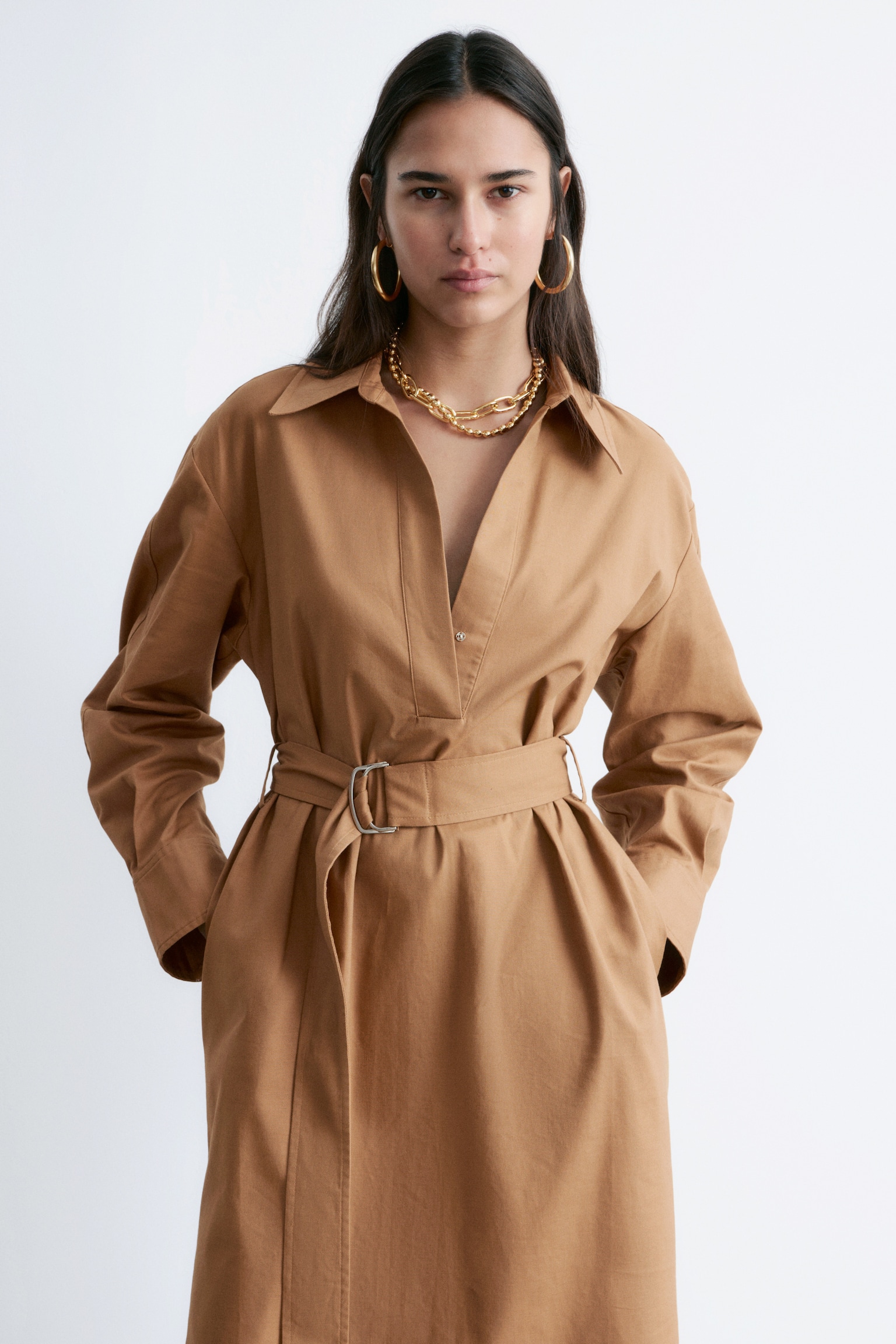 Belted Midi dress - Кафяво/Тъмносиньо - 7