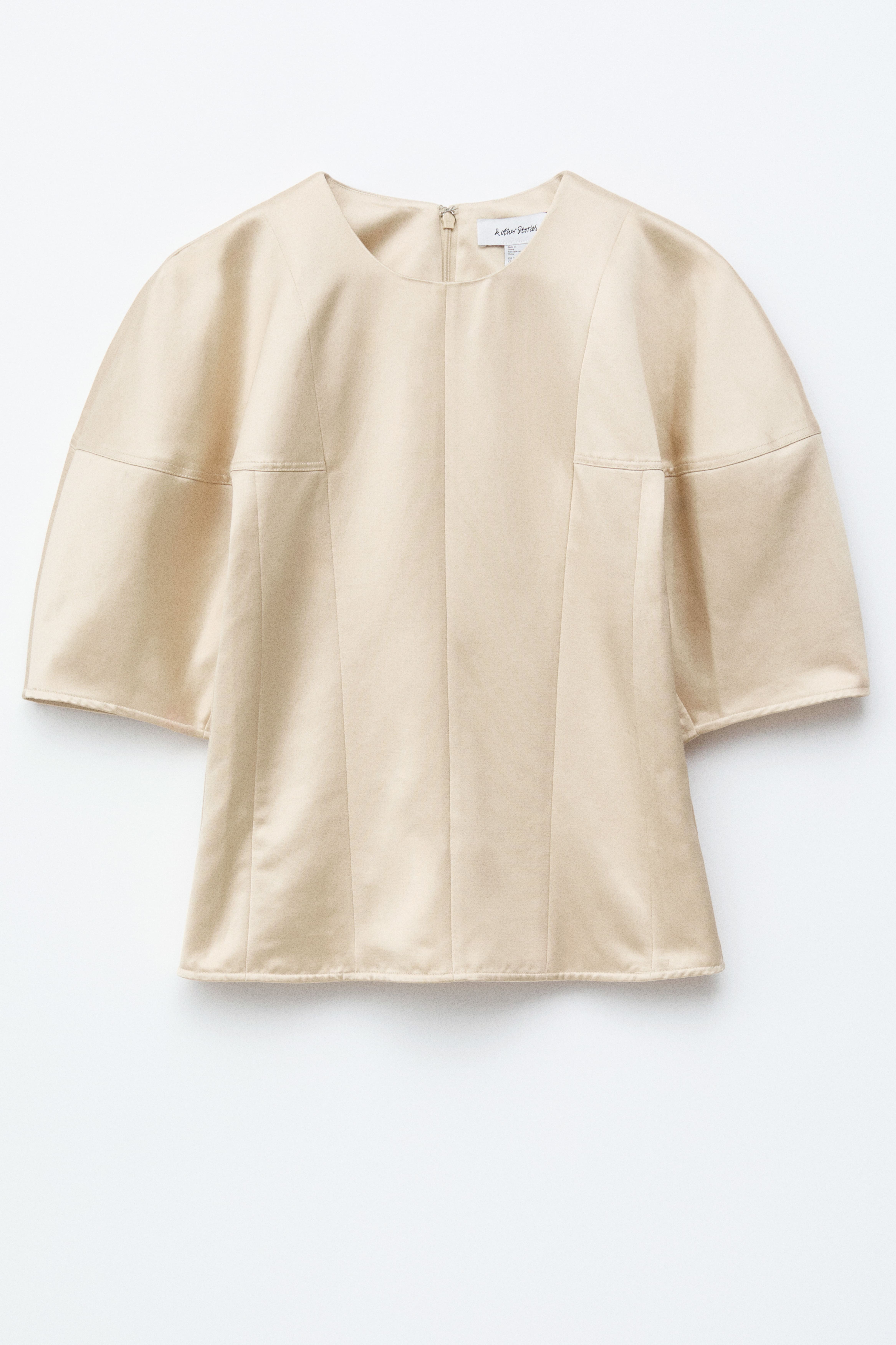 Satintopp med puffärm - Beige/Svart