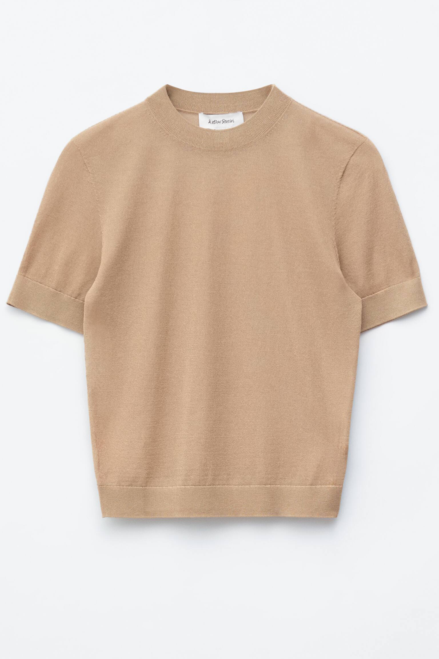 Λεπτό Πλεκτό T-Shirt - Μπεζ/Φωτεινό μπλε/Μαύρο - 1