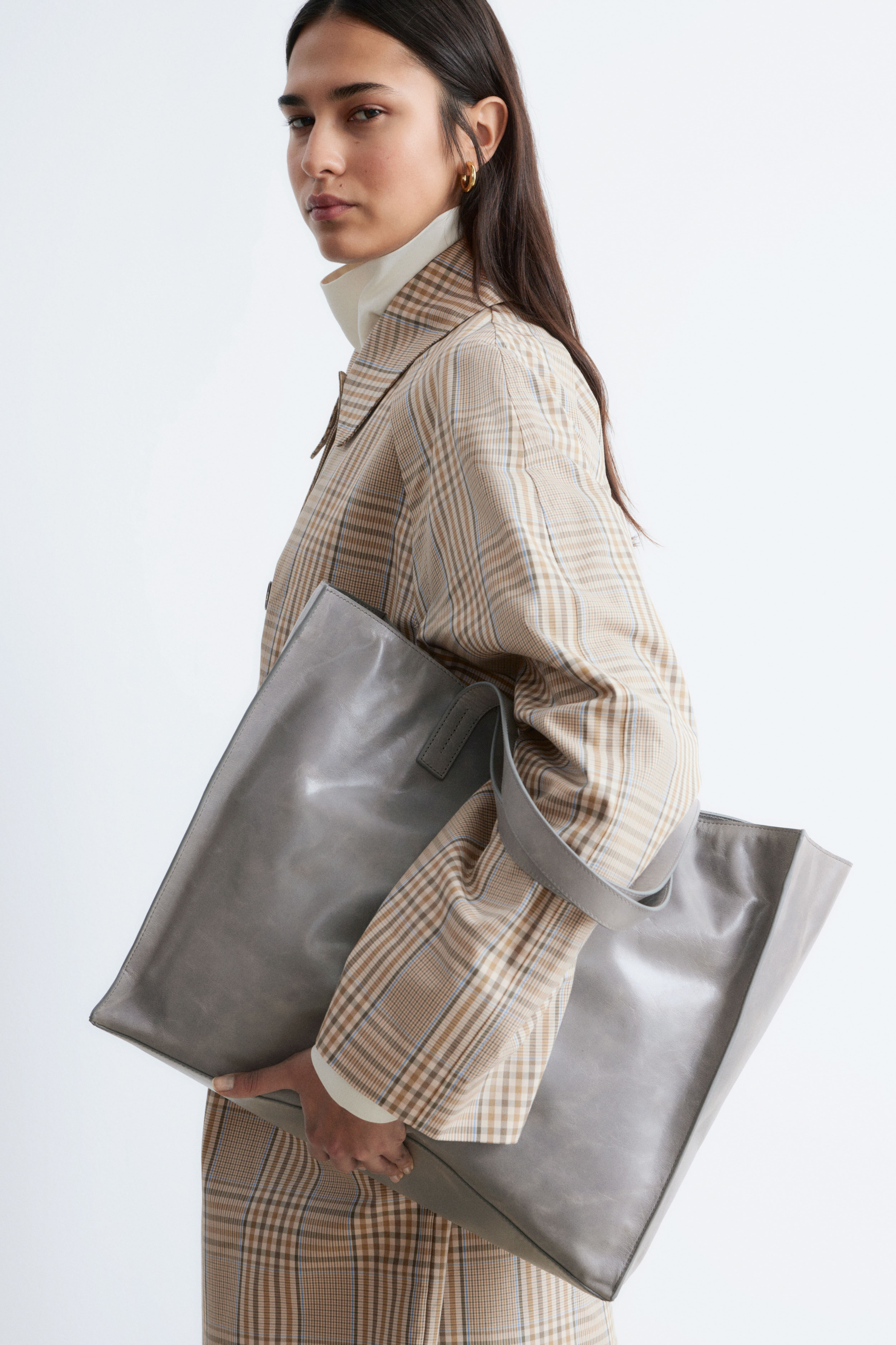 Δερμάτινη Τσάντα Tote - Γκρι/Matte Dark Brown/Σκούρο Καφέ Βερνίκι/Χακί Πράσινο