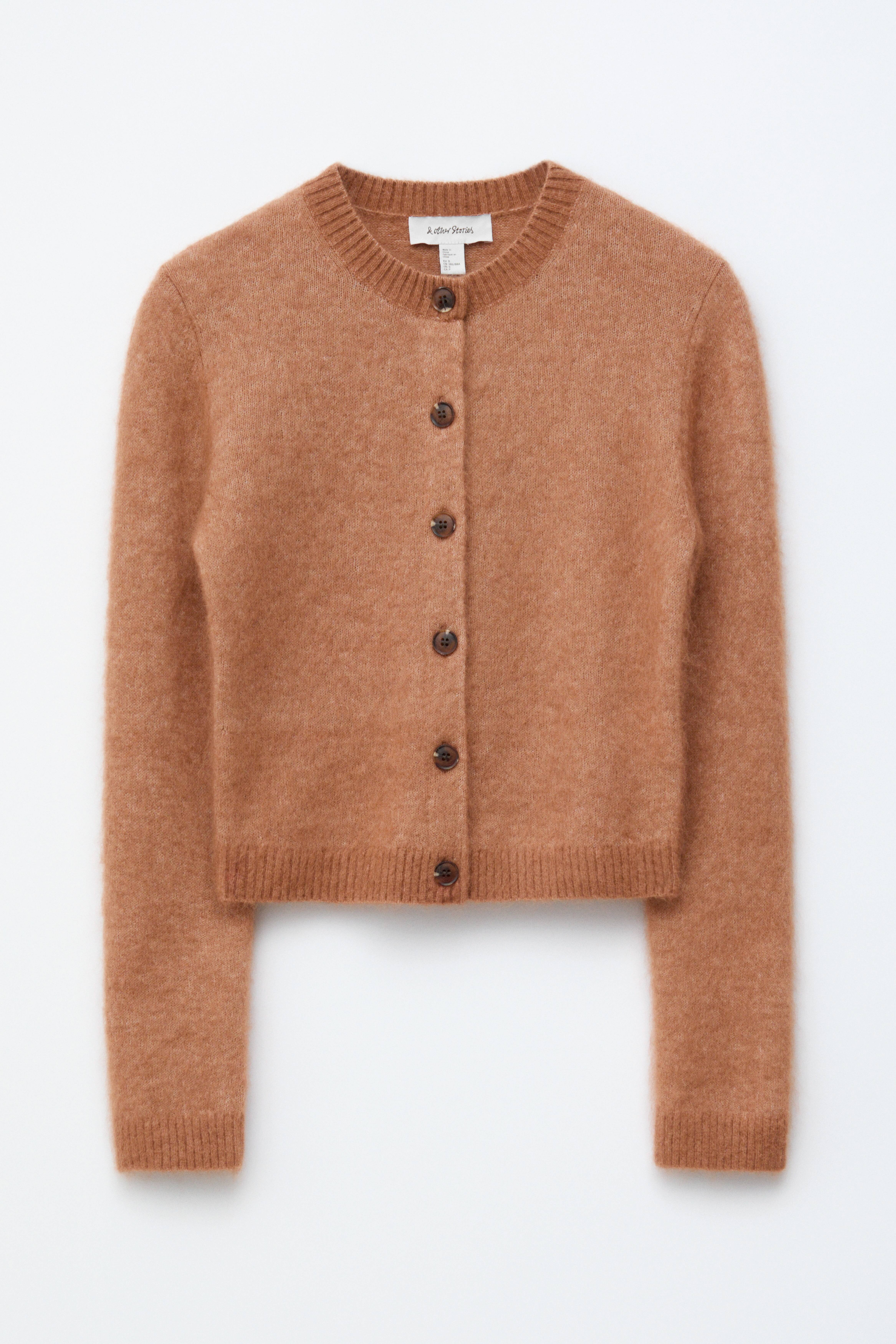 Strickjacke aus gebürstetem Mohair-Mix - Camel/Helltürkis/Pfirsich/Schwarz