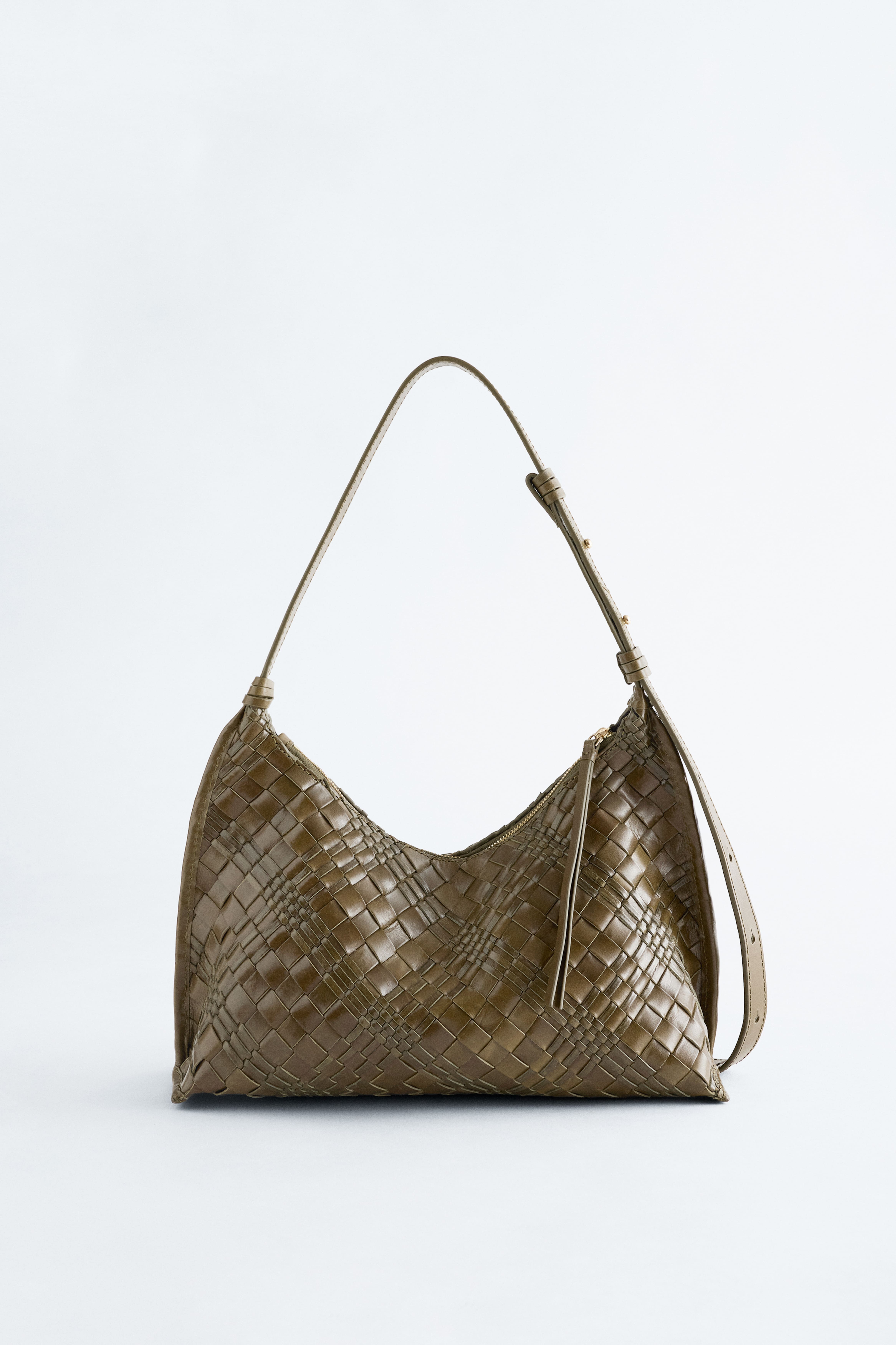 Borsa a tracolla in pelle intrecciata - Verde kaki/Nero