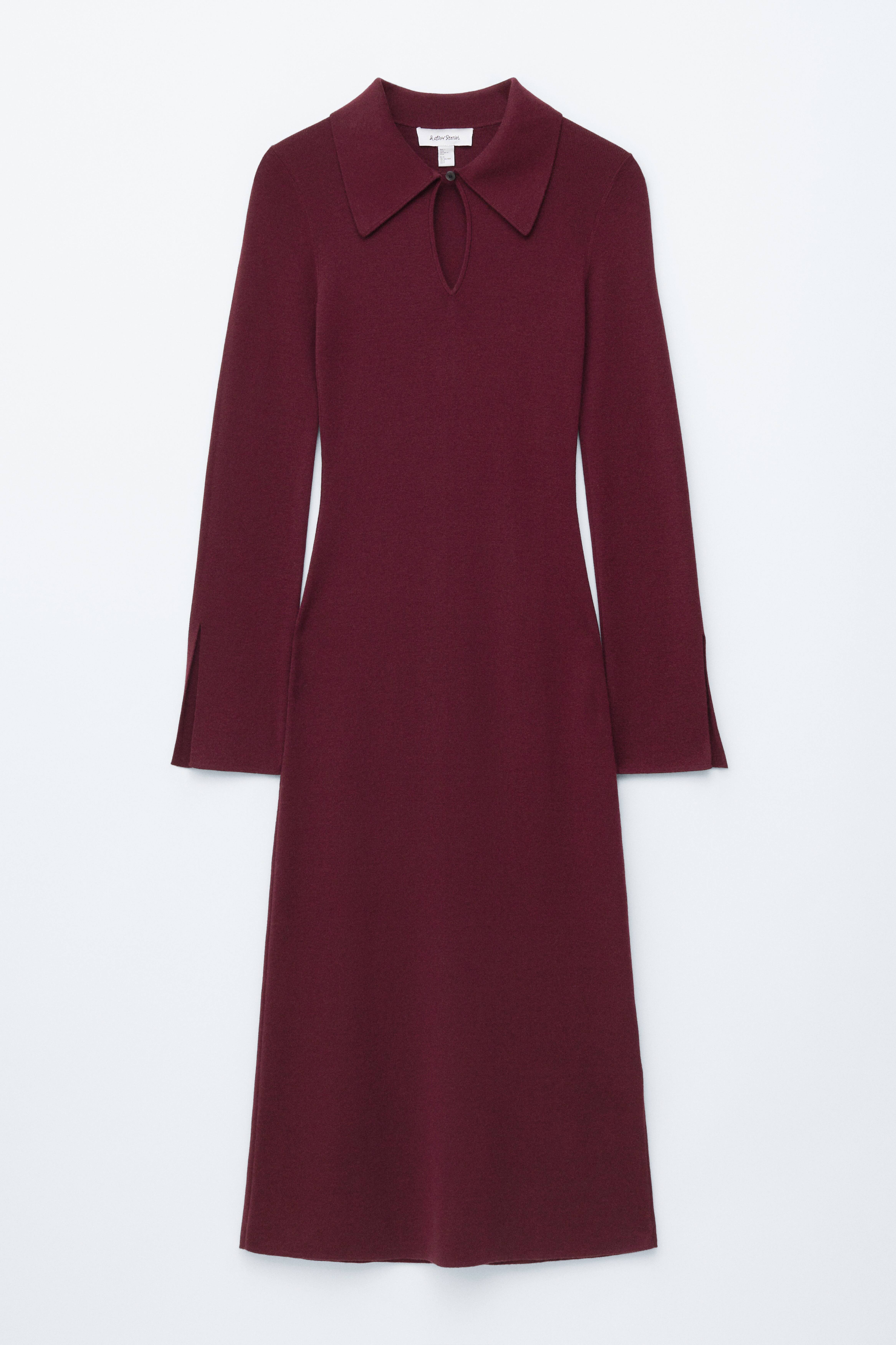 Gestricktes Midikleid aus Wolle - Weinrot