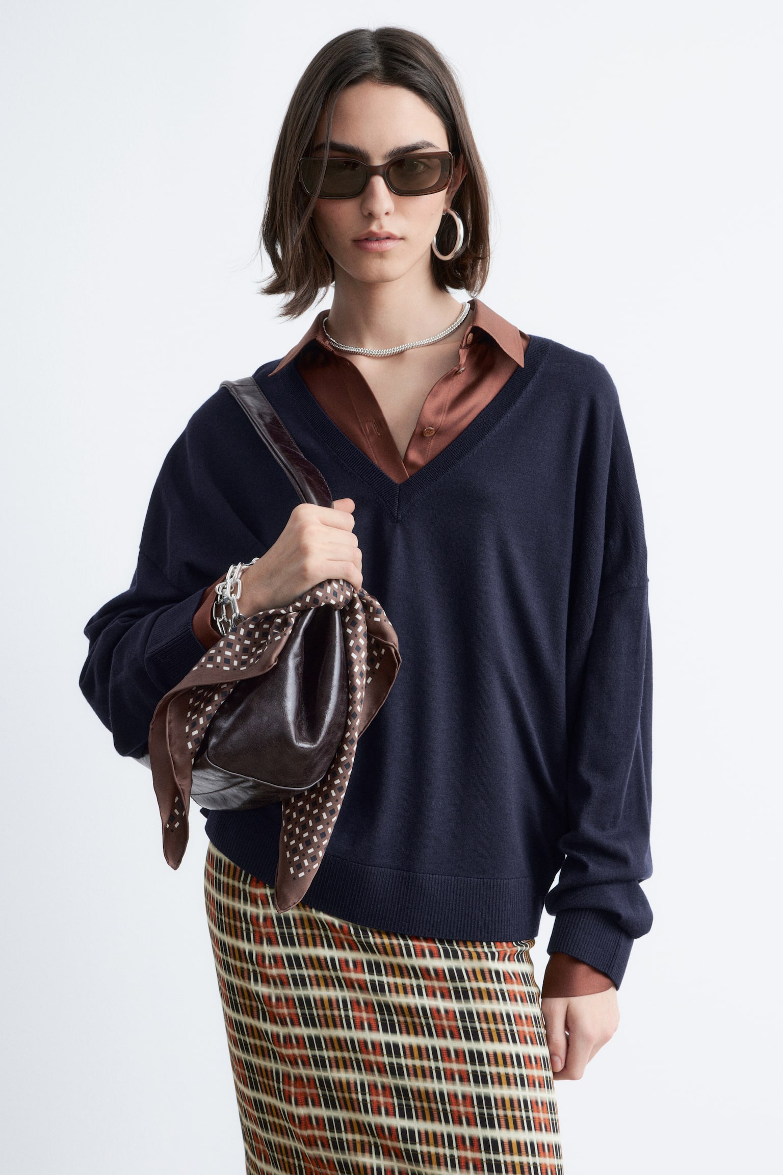 Maglione in lana merino con scollo a V - Blu scuro/Turchese chiaro mélange/Verde kaki - 1