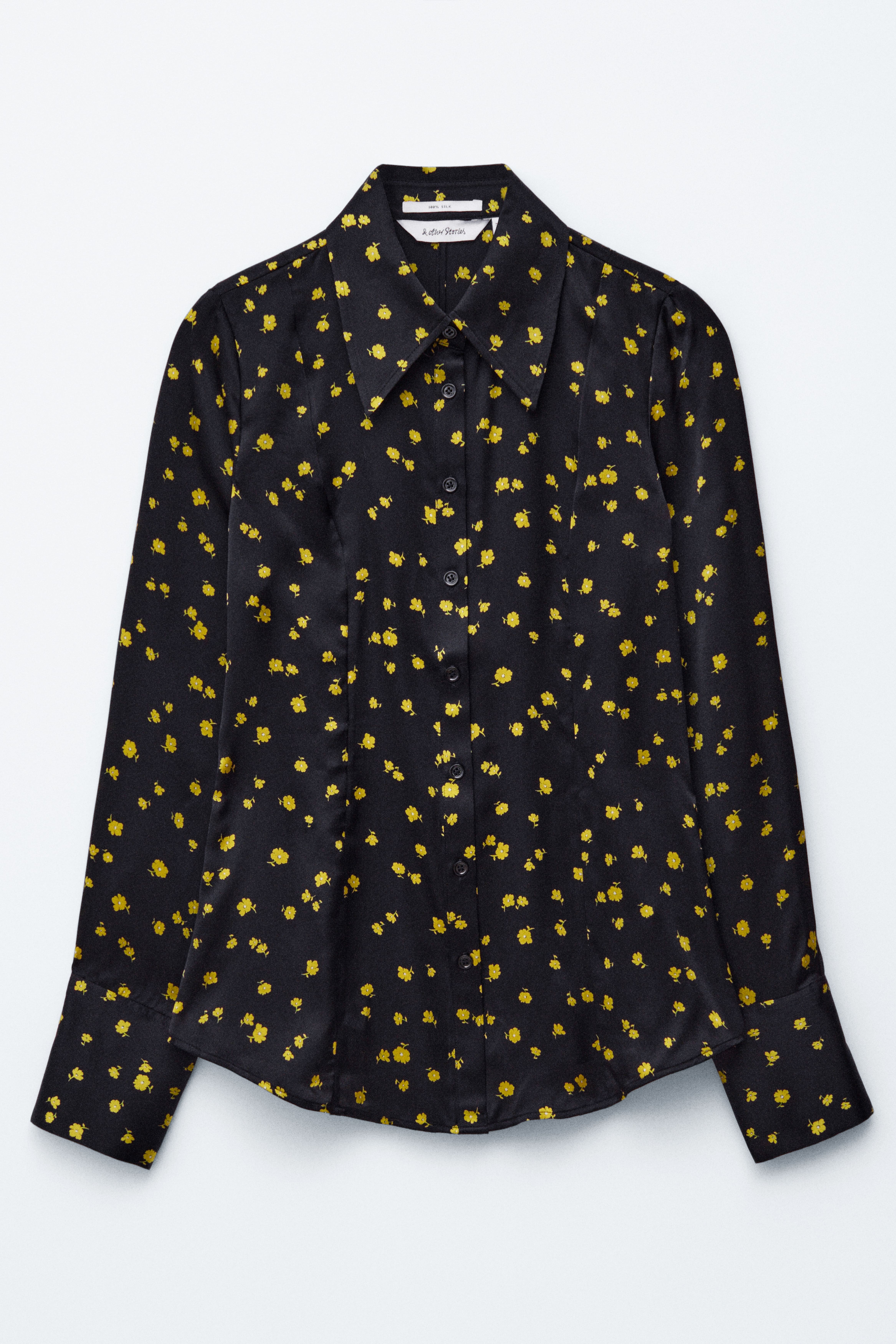 Camicia affusolata in seta - Nero con motivo floreale