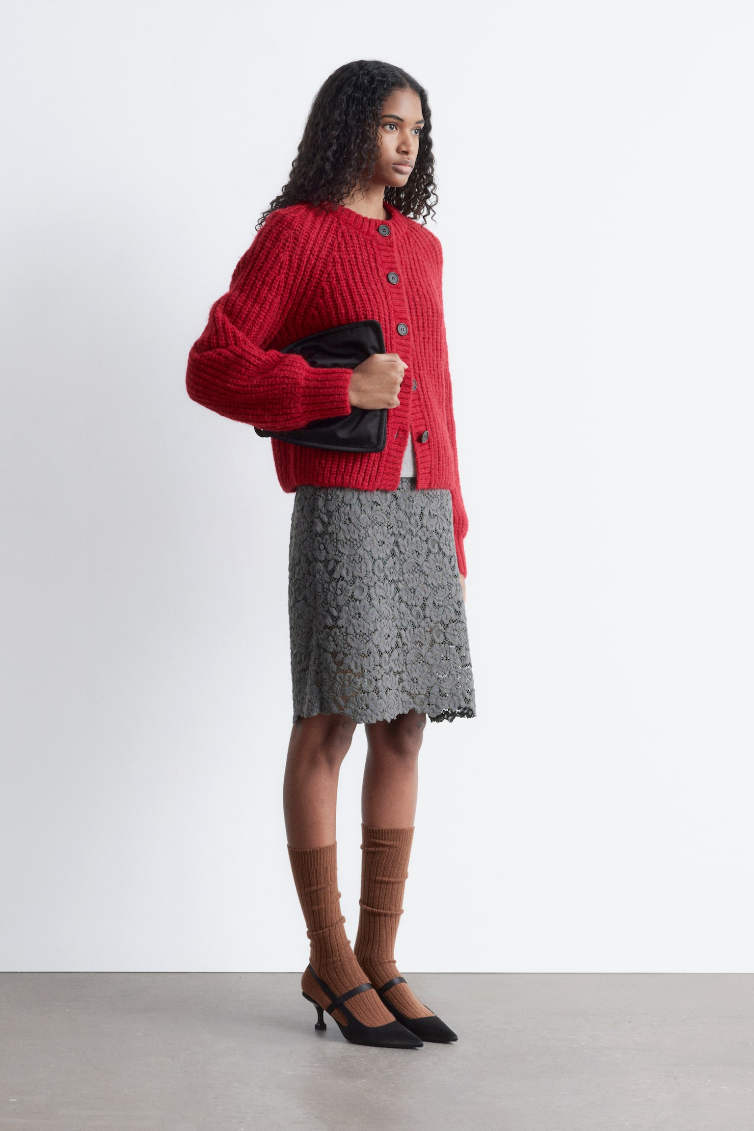 Cardigan mit Ballonärmeln - Rot/Creme - 1