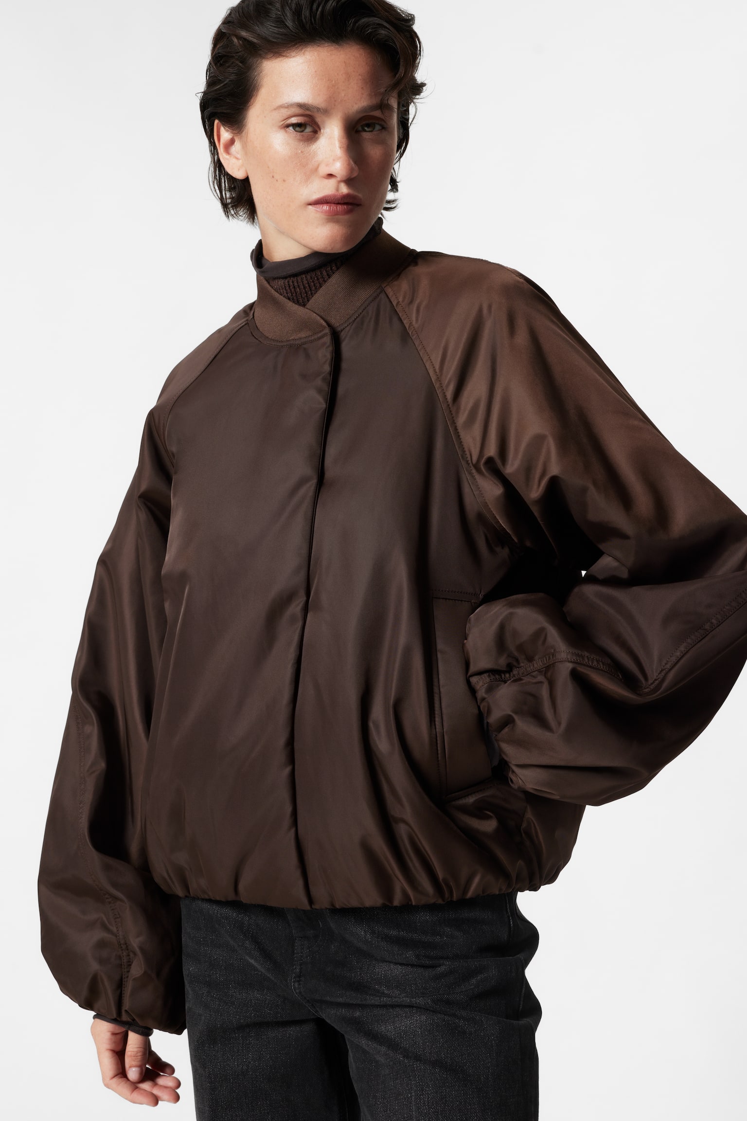 Voluminous-Sleeve Bomber Jacket - Dark Brown - 5